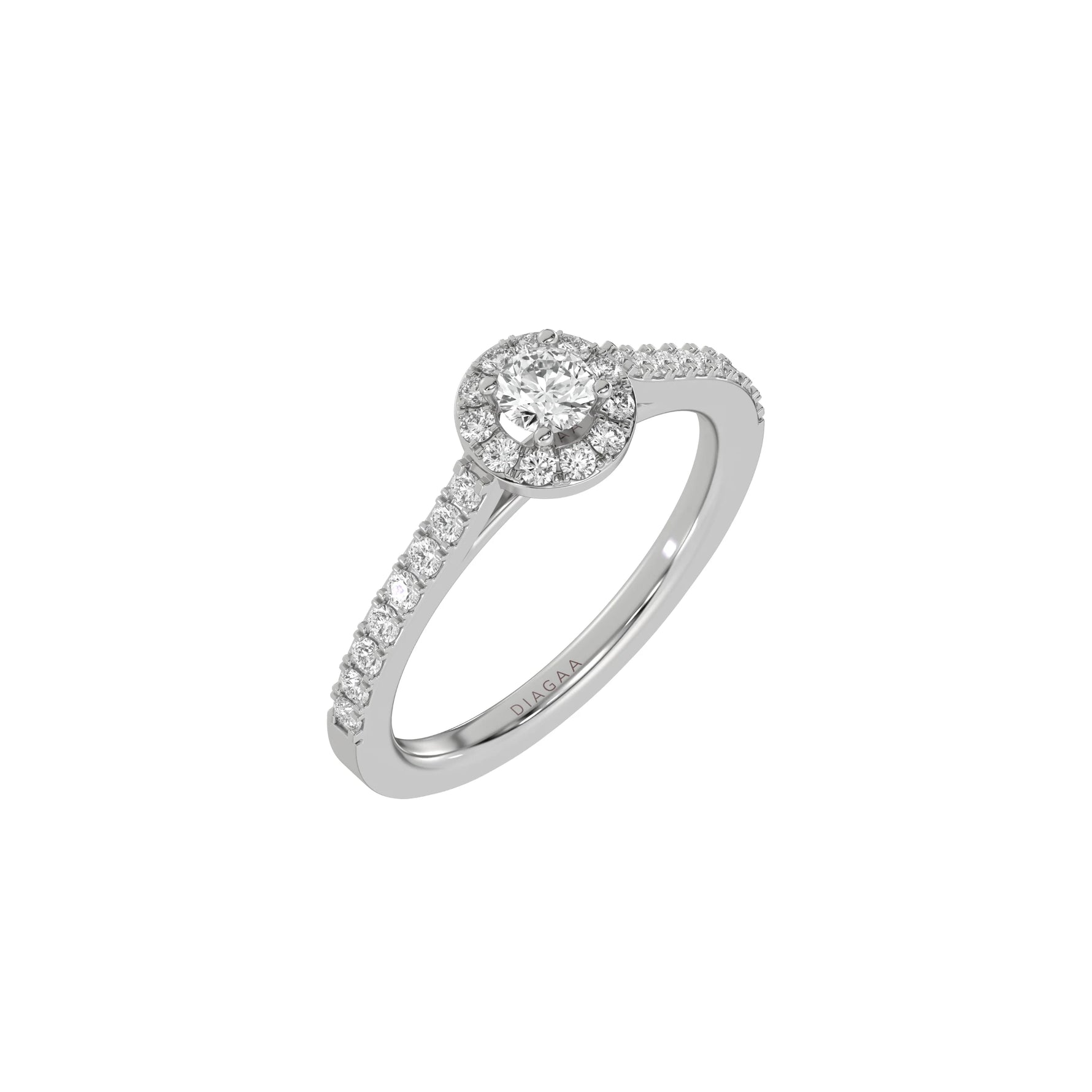 This white gold Round Diamond Halo Engagement Ring is made with a round solitaire diamond set in a four-prong setting, surrounded by a halo of round diamonds all set on a pave band in 3D view