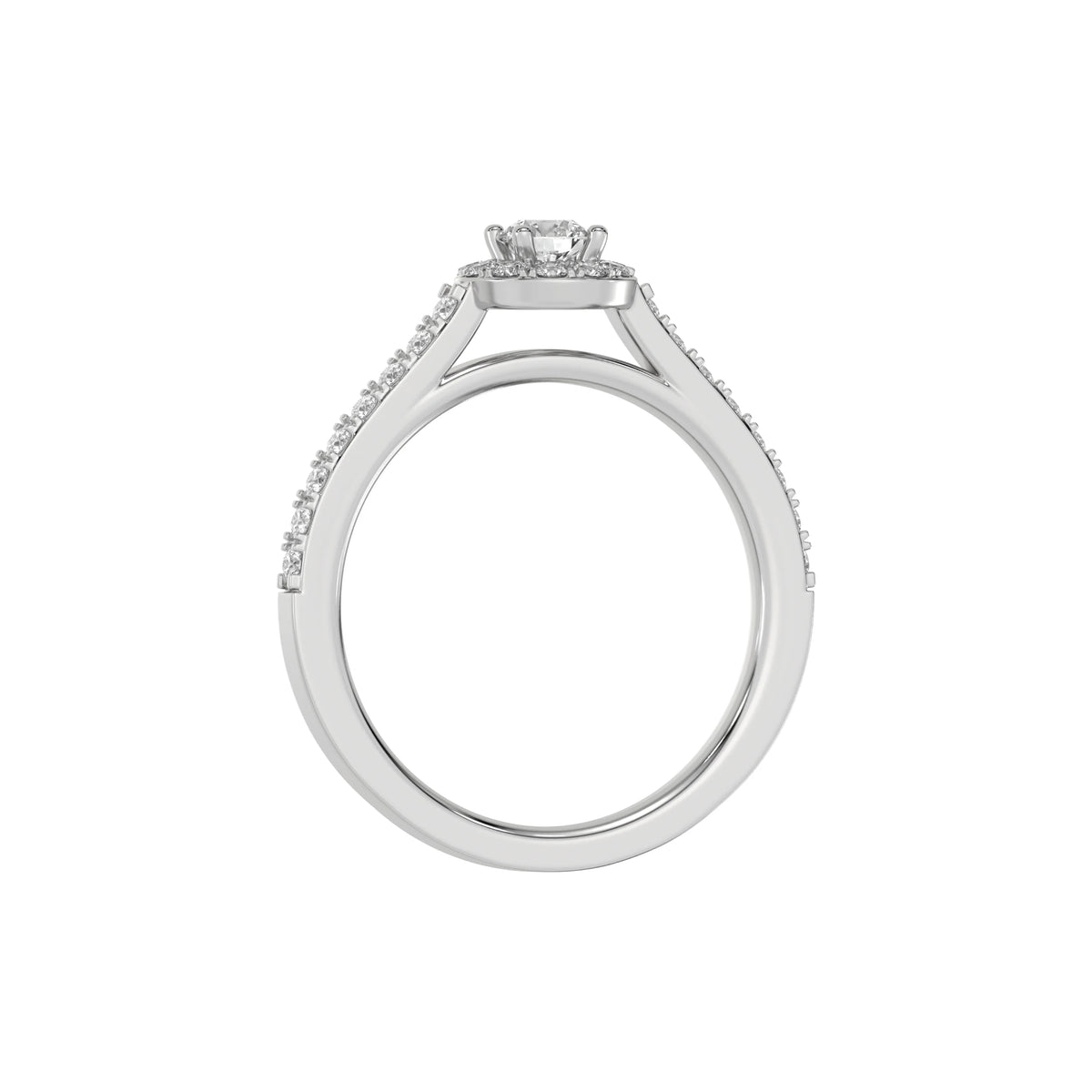 This white gold Round Diamond Halo Engagement Ring is made with a round solitaire diamond set in a four-prong setting, surrounded by a halo of round diamonds all set on a pave band in through finger view