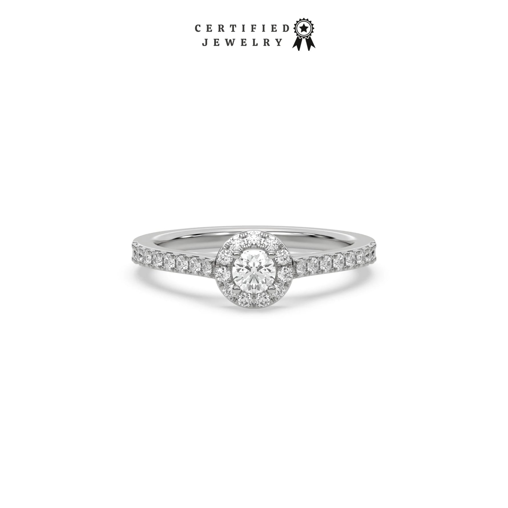 This white gold ring displayed in front view is made with a round solitaire diamond set in four-prong setting