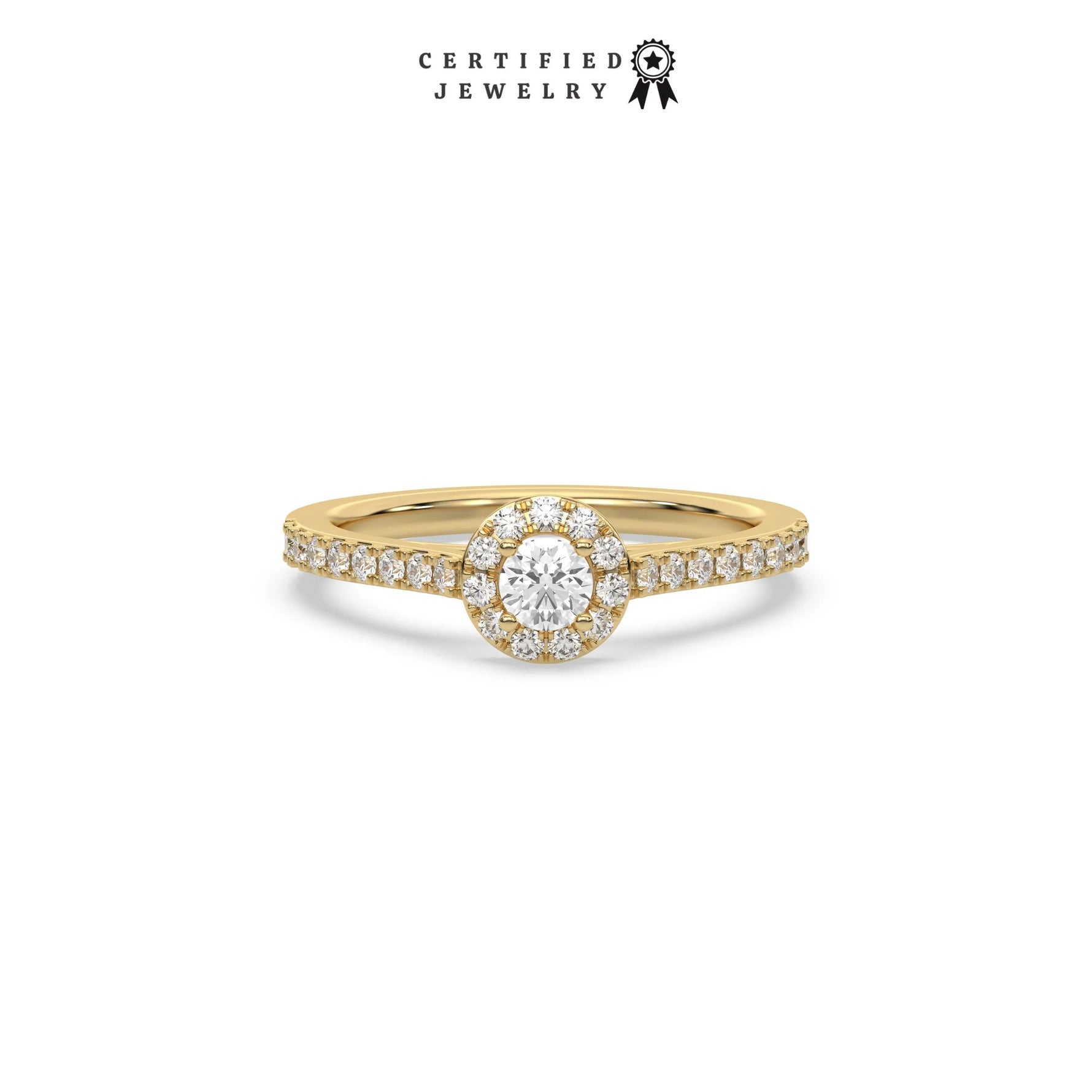 This yellow gold ring displayed in front view is made with a round solitaire diamond set in four-prong setting