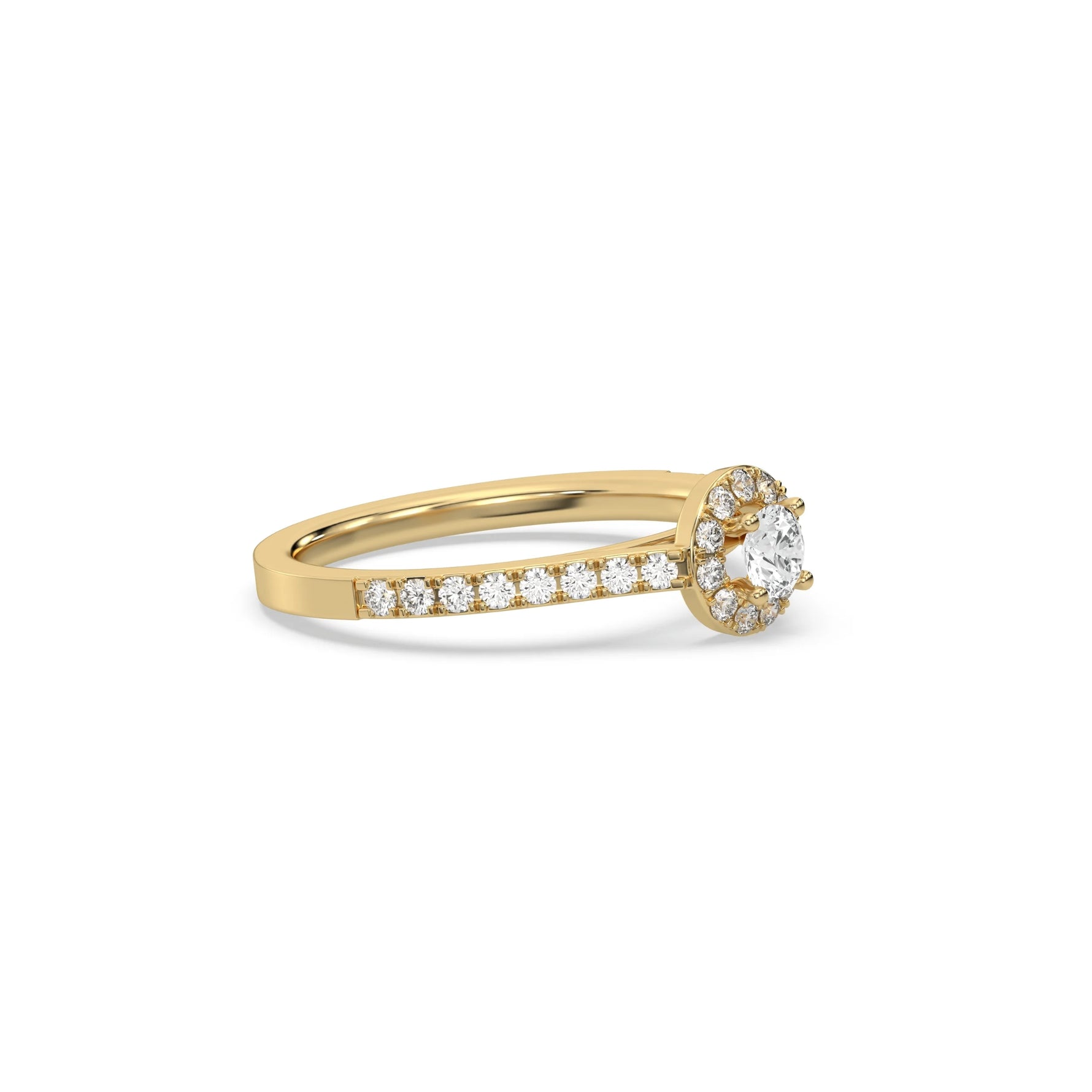 This yellow gold ring displayed in side view is made with a oval solitaire diamond set in four-prong setting