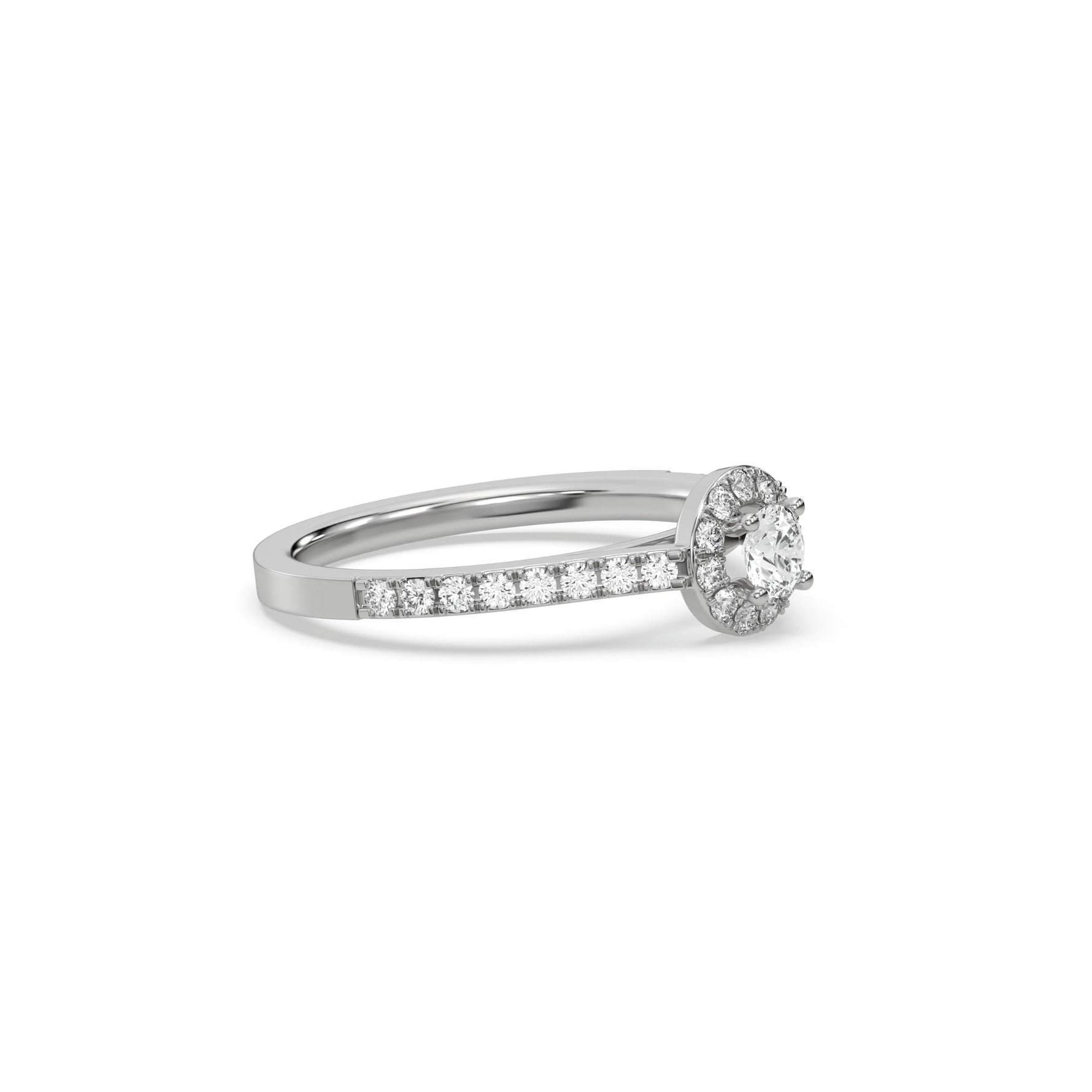 This white gold ring displayed in side view is made with a oval solitaire diamond set in four-prong setting