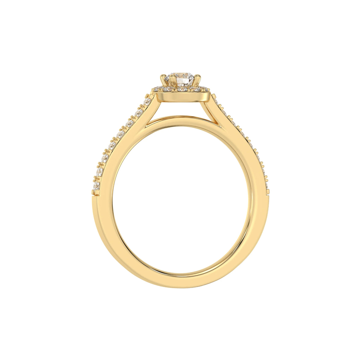 This yellow gold Round Diamond Halo Engagement Ring is made with a round solitaire diamond set in a four-prong setting, surrounded by a halo of round diamonds all set on a pave band in through finger view