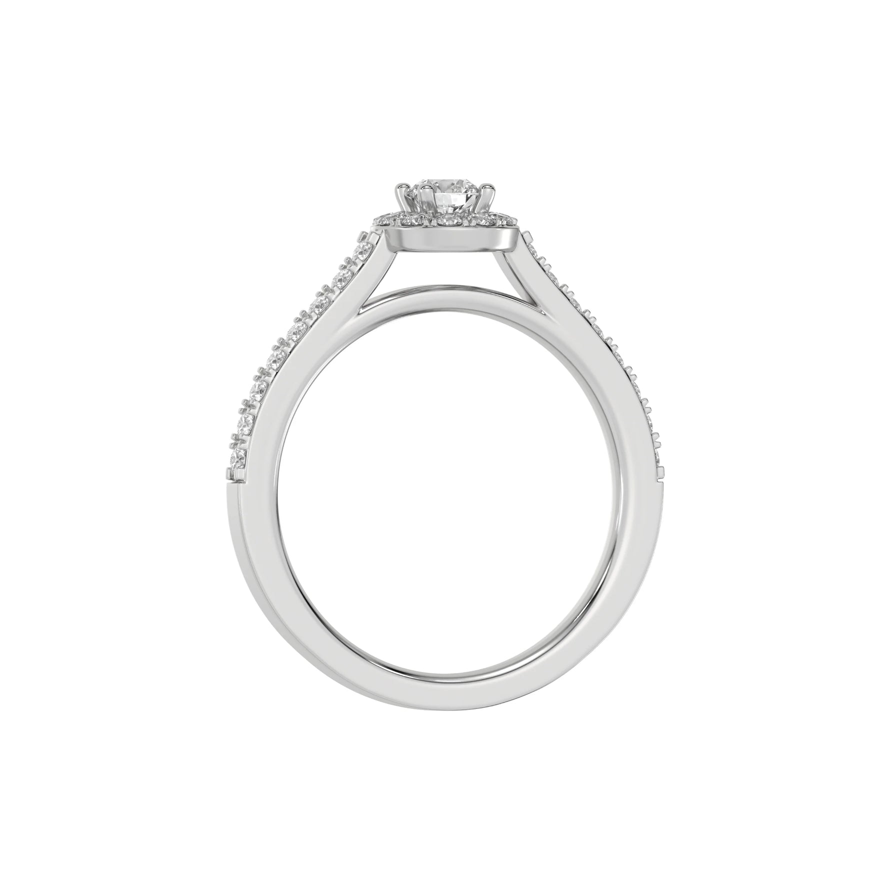 This white gold Round Diamond Halo Engagement Ring is made with a round solitaire diamond set in a four-prong setting, surrounded by a halo of round diamonds all set on a pave band in through finger view