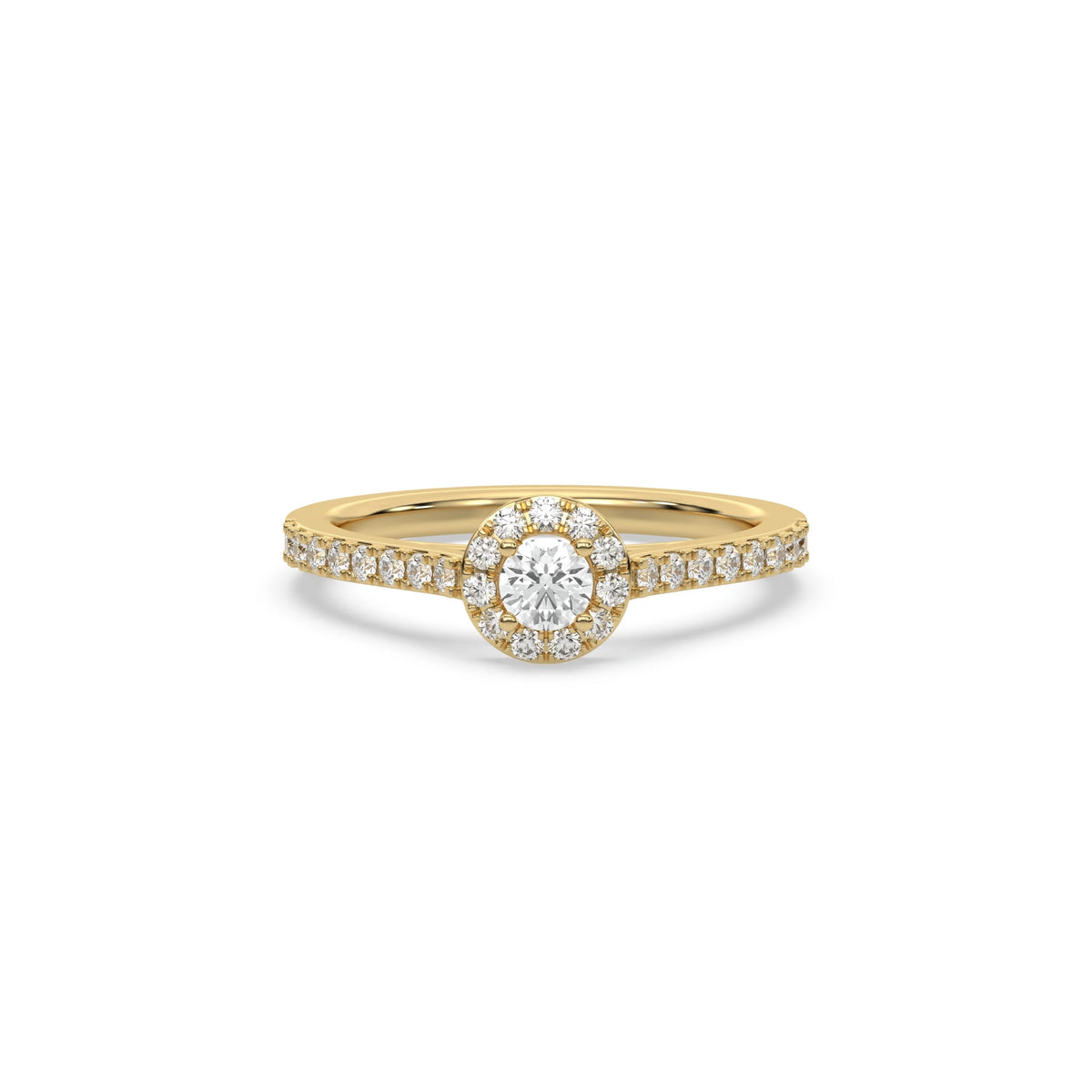 This yellow gold ring displayed in front view is made with a round solitaire diamond set in four-prong setting