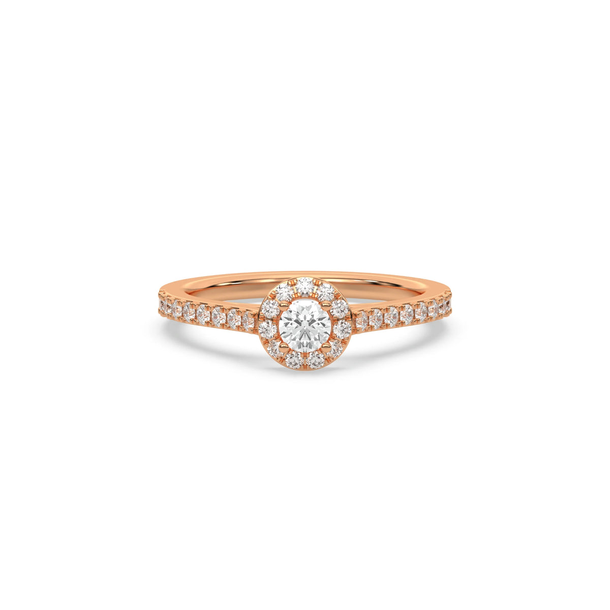 This rose gold ring displayed in front view is made with a round solitaire diamond set in four-prong setting