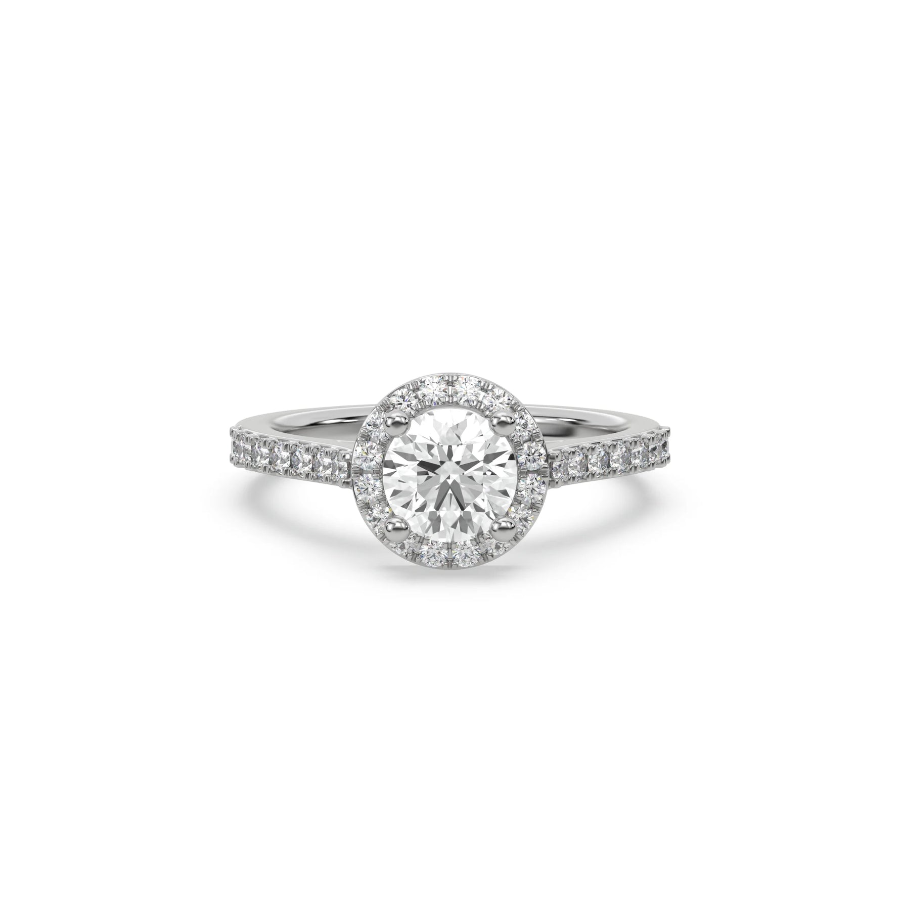 This white gold ring displayed in front view is made with a round solitaire diamond set in four-prong setting