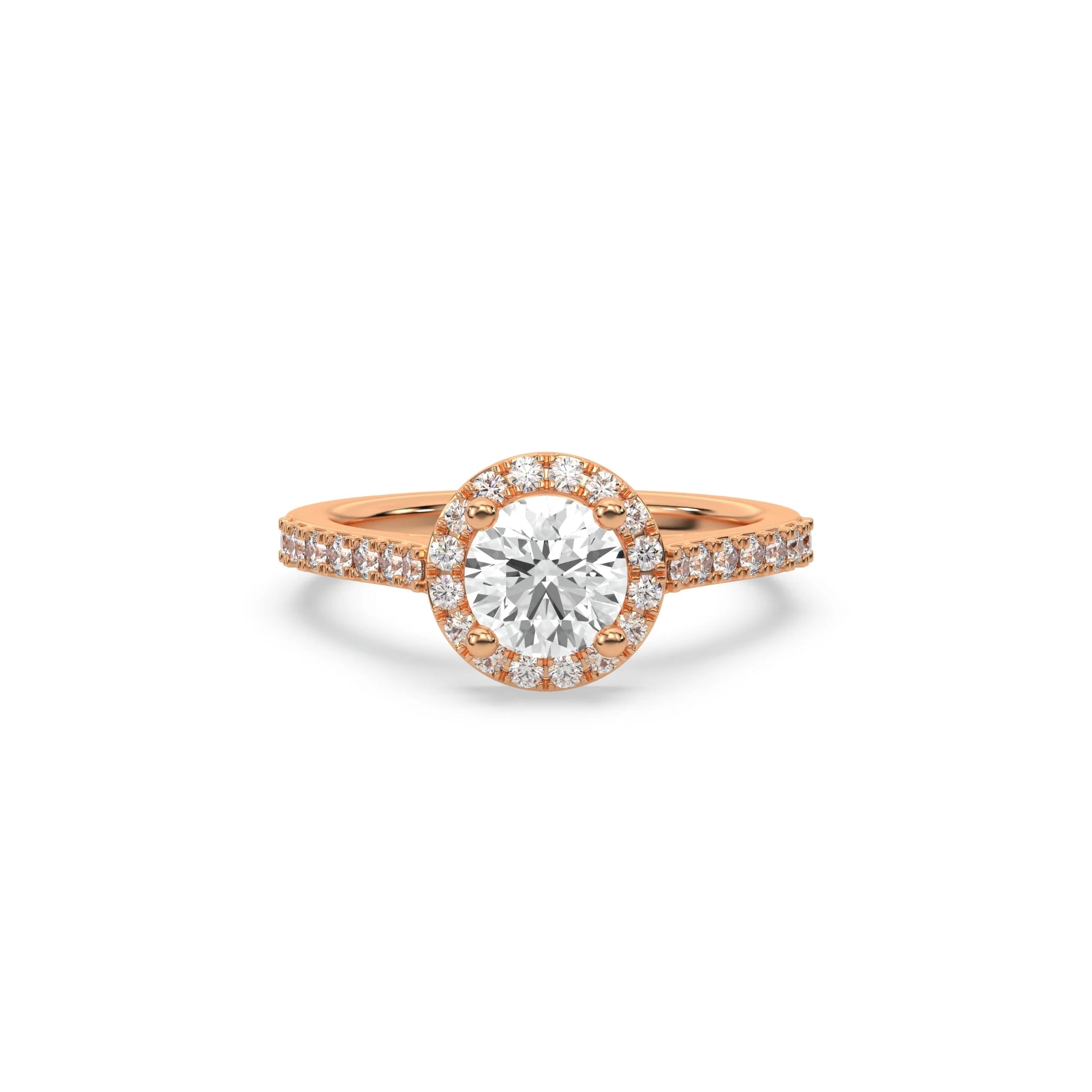 This rose gold ring displayed in front view is made with a round solitaire diamond set in four-prong setting