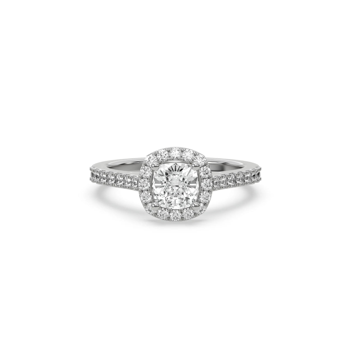 This white gold ring displayed in front view is made with a cushion solitaire diamond set in four-prong setting