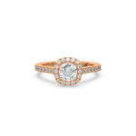 This rose gold ring displayed in front view is made with a cushion solitaire diamond set in four-prong setting