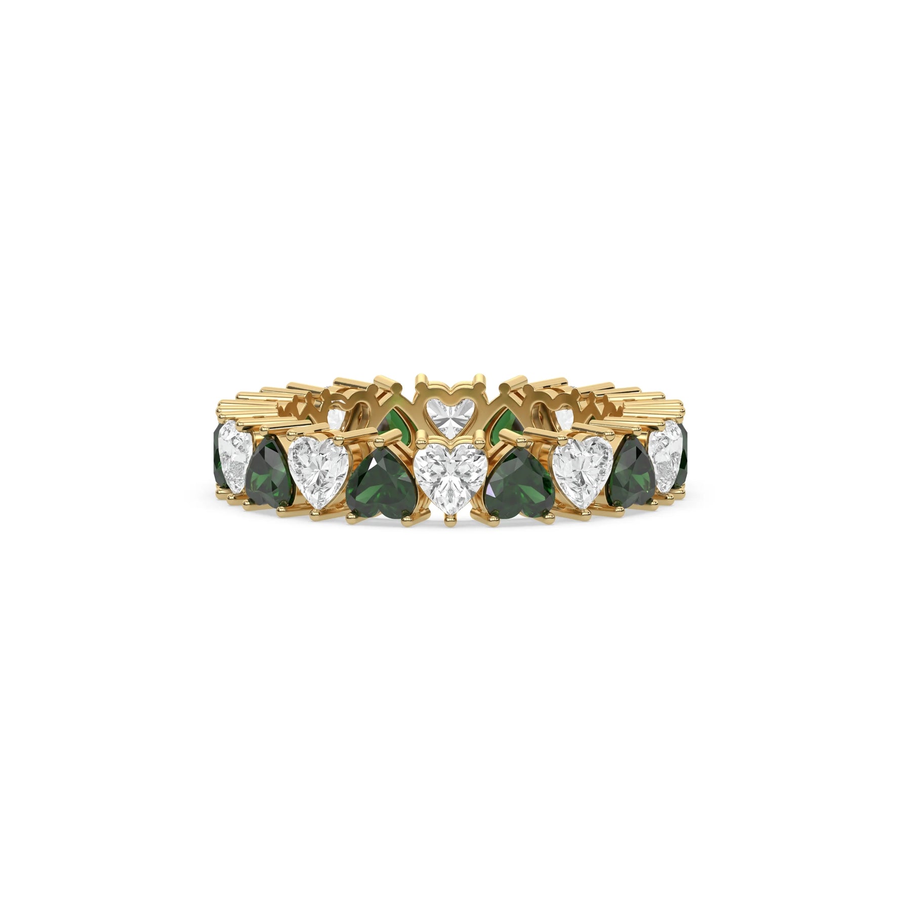 18K Yellow Gold Heart Cut Emerald Gemstone Full Eternity Ring