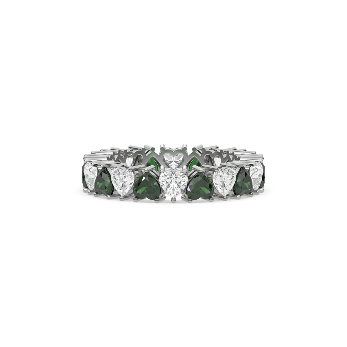 18K White Gold Heart Emerald Gemstone and Diamond Eternity Ring