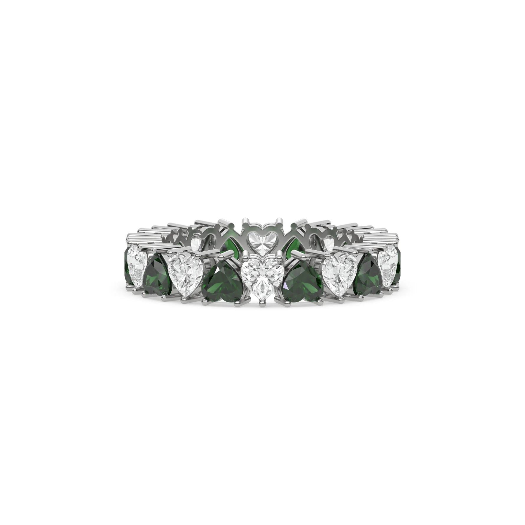 18K White Gold Heart Cut Emerald Gemstone Full Eternity Ring