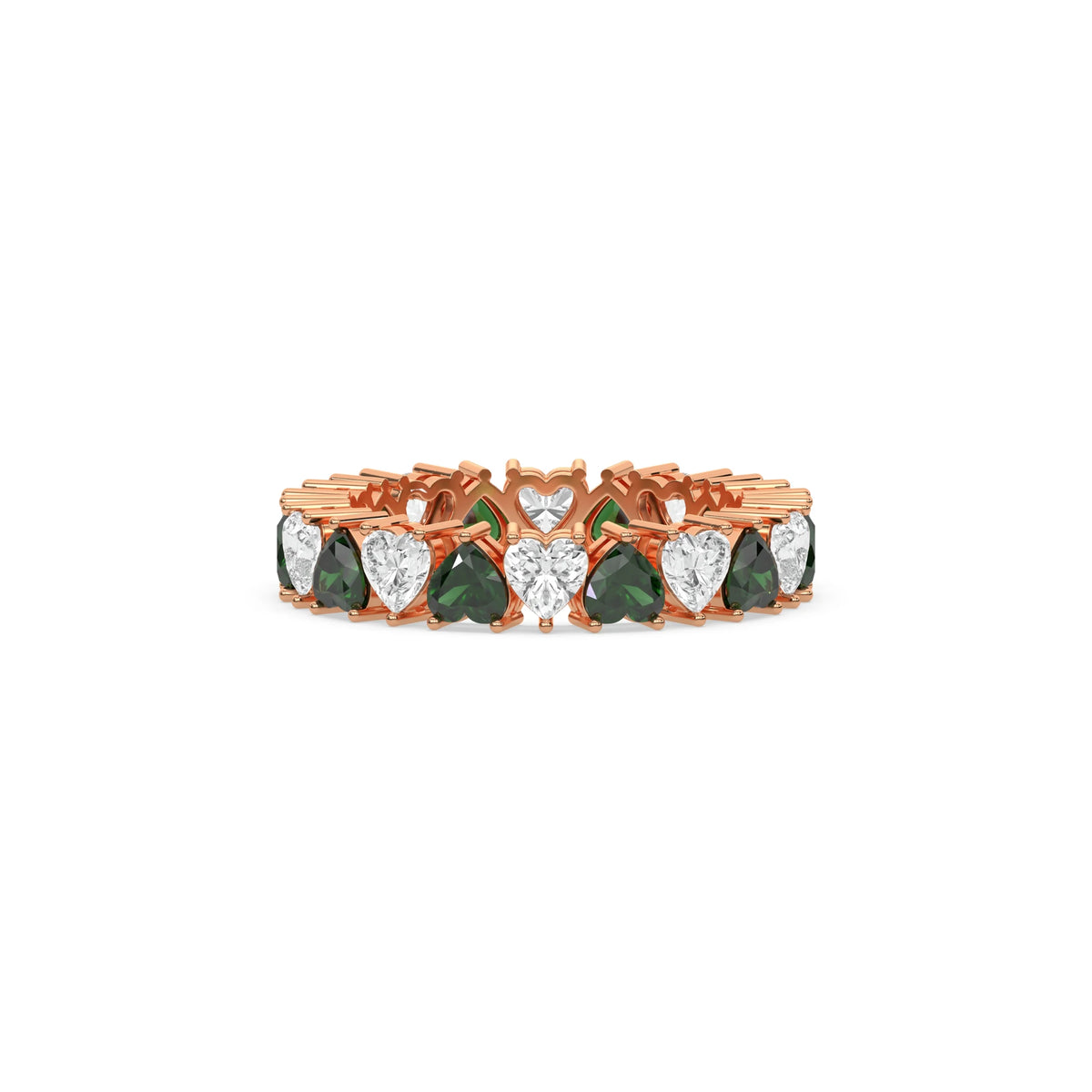 18K Rose Gold Heart Emerald Gemstone and Diamond Eternity Ring