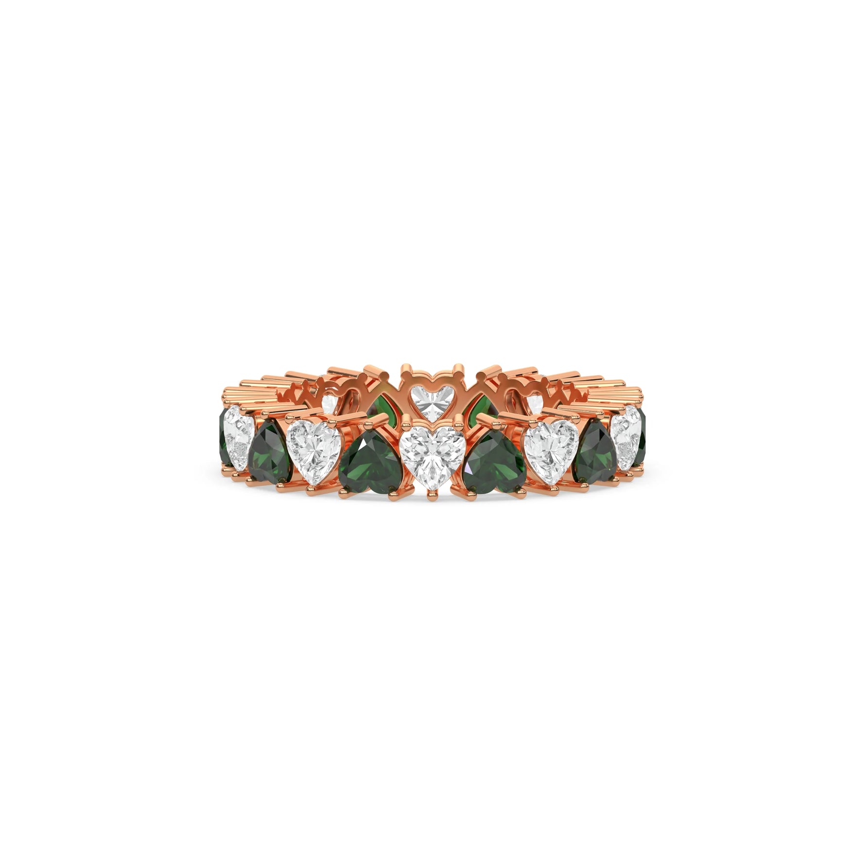 18K Rose Gold Heart Emerald Gemstone and Diamond Eternity Ring