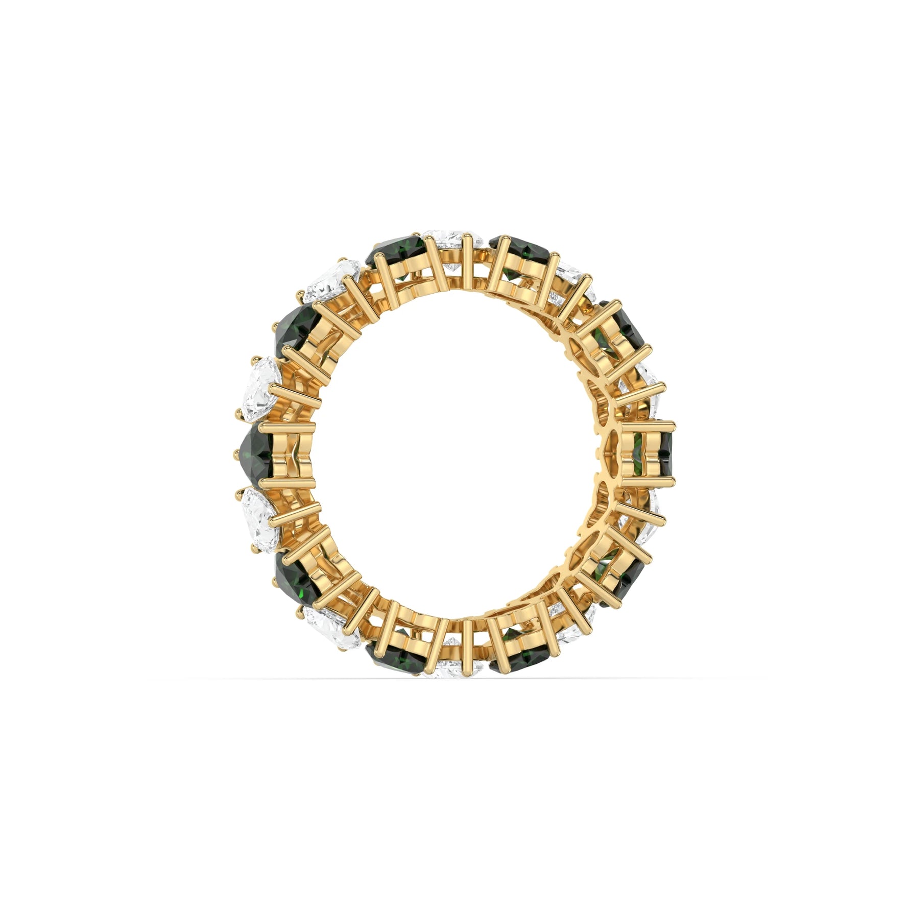 10K Yellow Gold Heart Emerald Gemstone and Diamond Eternity Ring