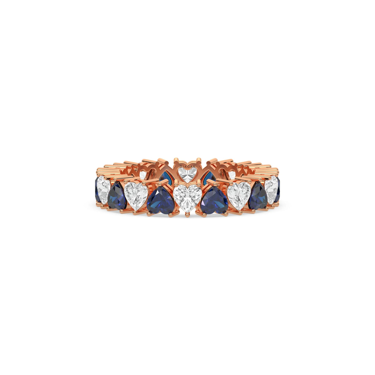 14K Rose Gold Heart Blue Sapphire Gemstone and Diamond Eternity Ring