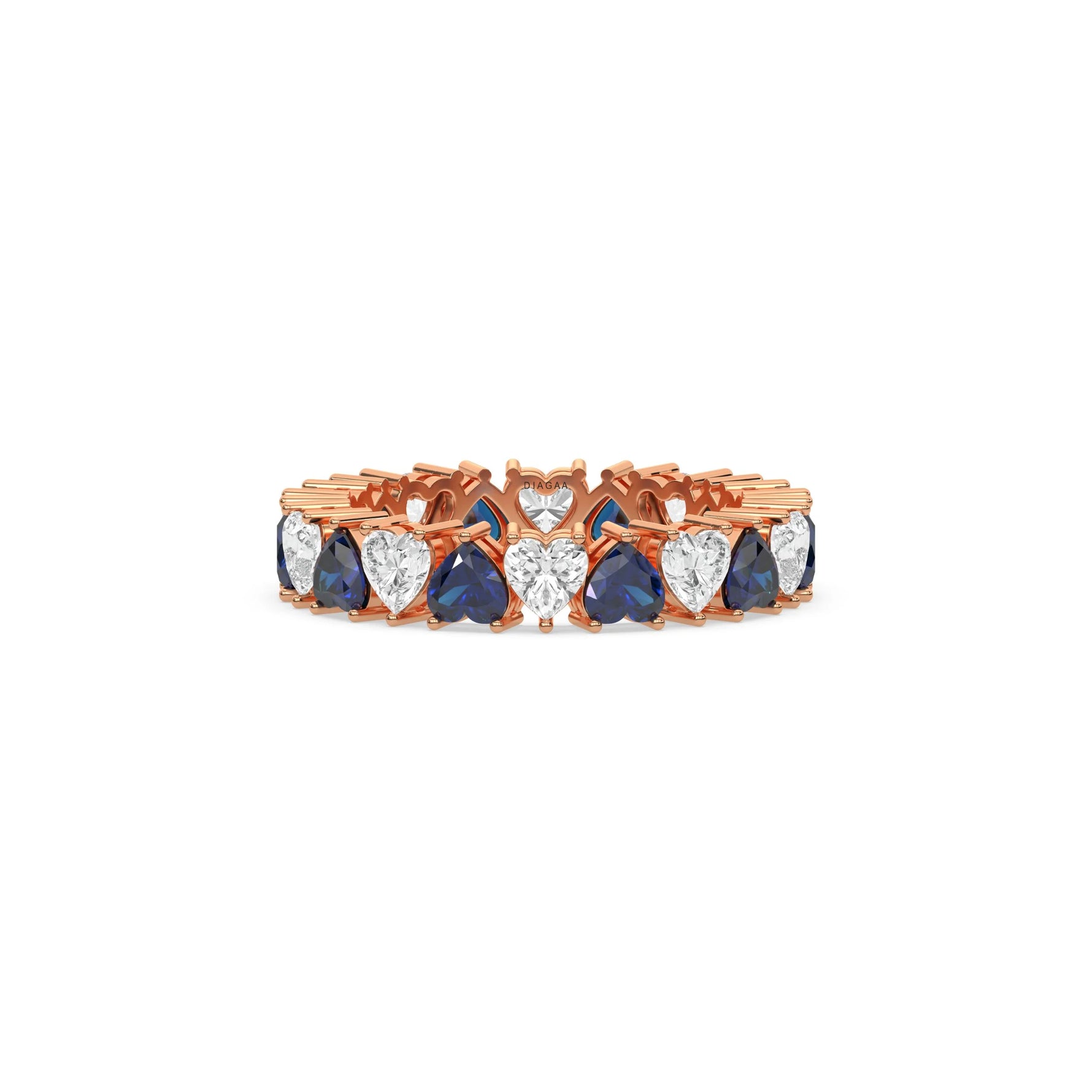 14K Rose Gold Heart Blue Sapphire Gemstone and Diamond Eternity Ring