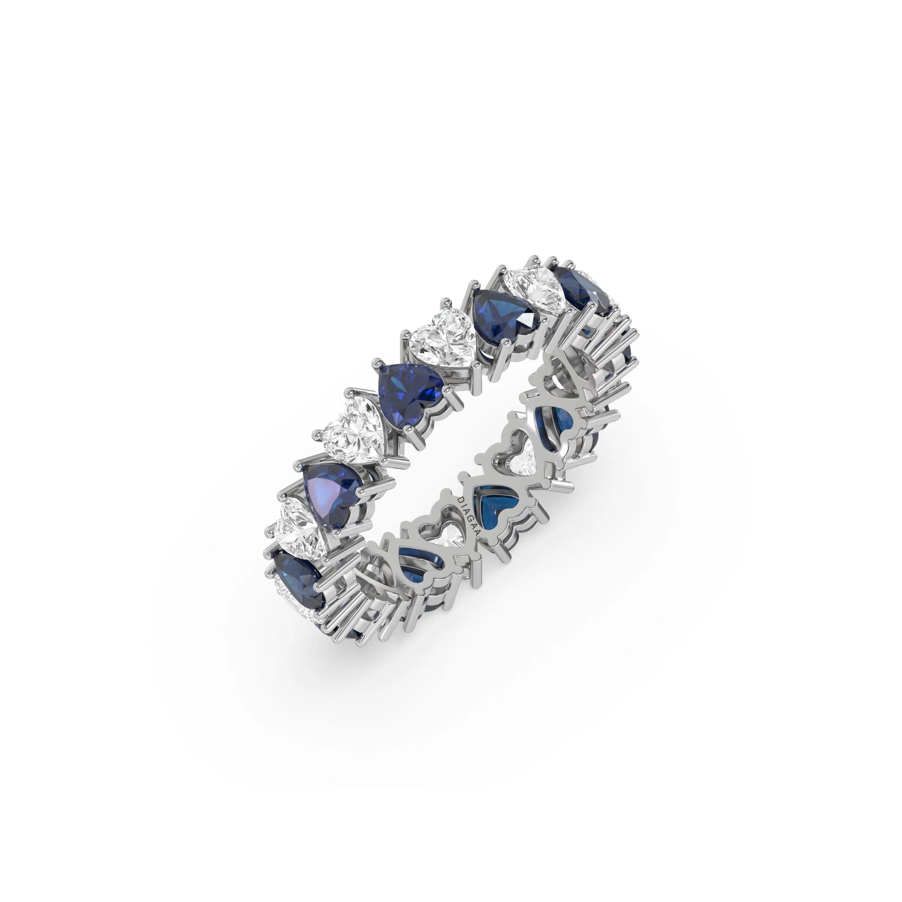 10K Yellow Gold Heart Blue Sapphire Gemstone and Diamond Eternity Ring