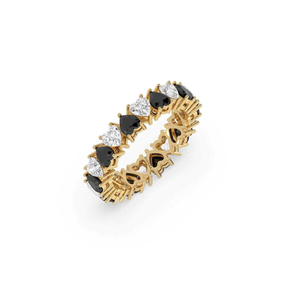14K Yellow Gold Heart Black And White Diamond Full Eternity Ring