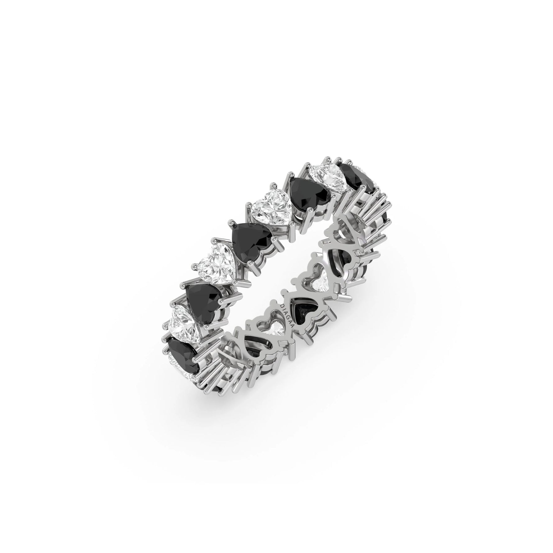 14K White Gold Heart Black And White Diamond Full Eternity Ring