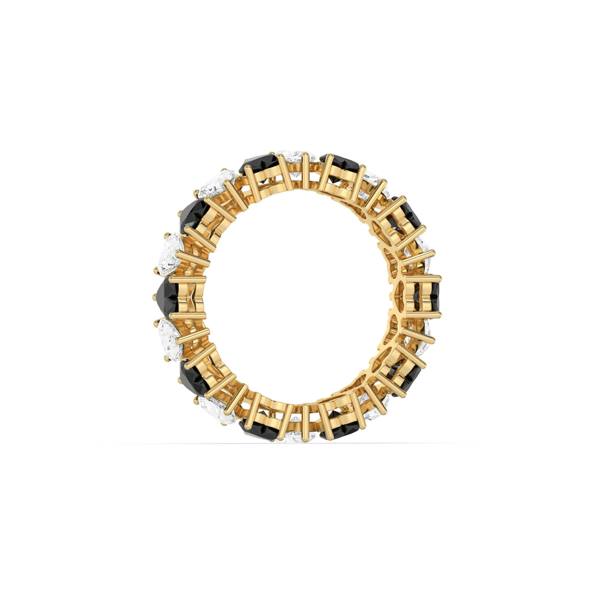 10K Yellow Gold Heart Black And White Diamond Full Eternity Ring