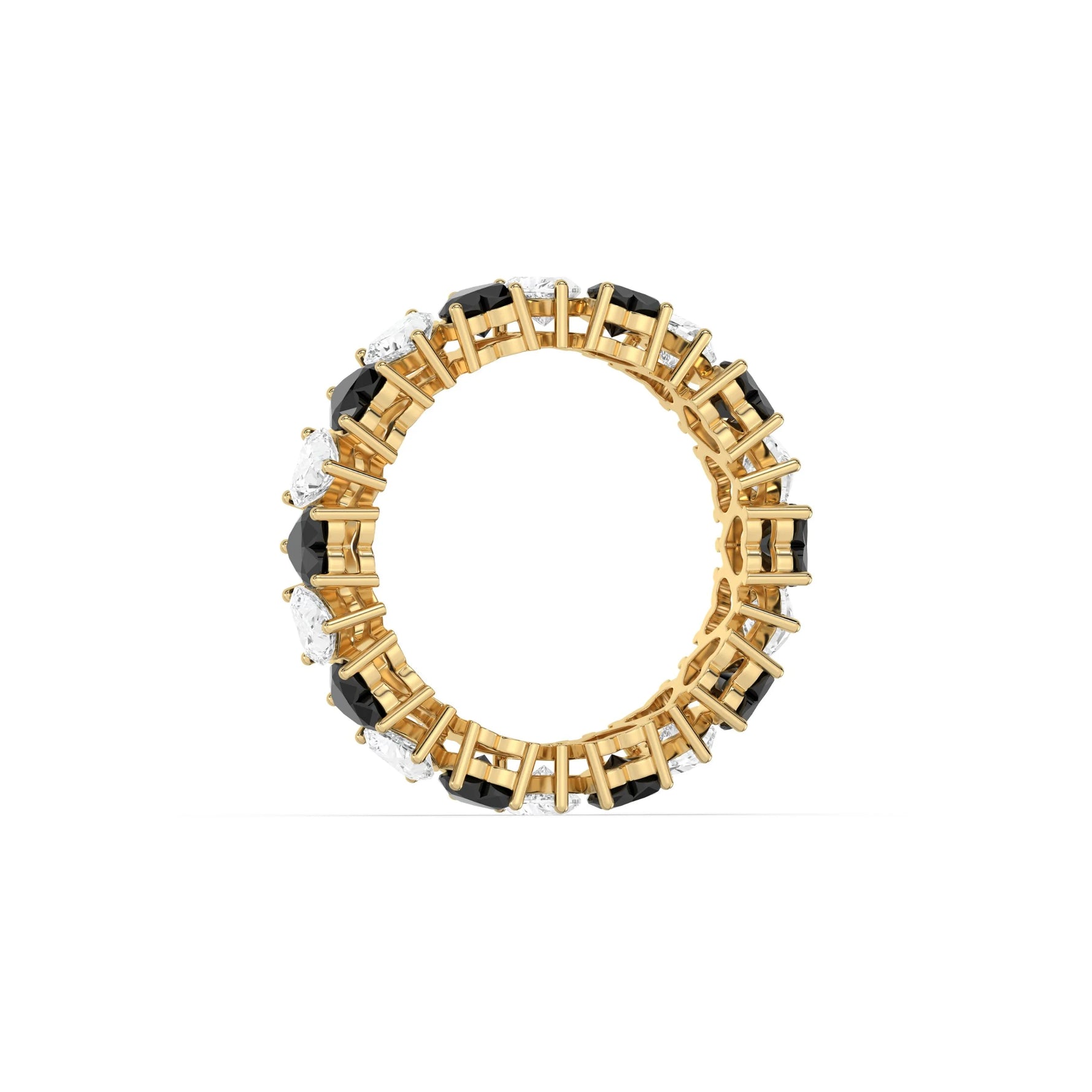 10K Yellow Gold Heart Black And White Diamond Full Eternity Ring