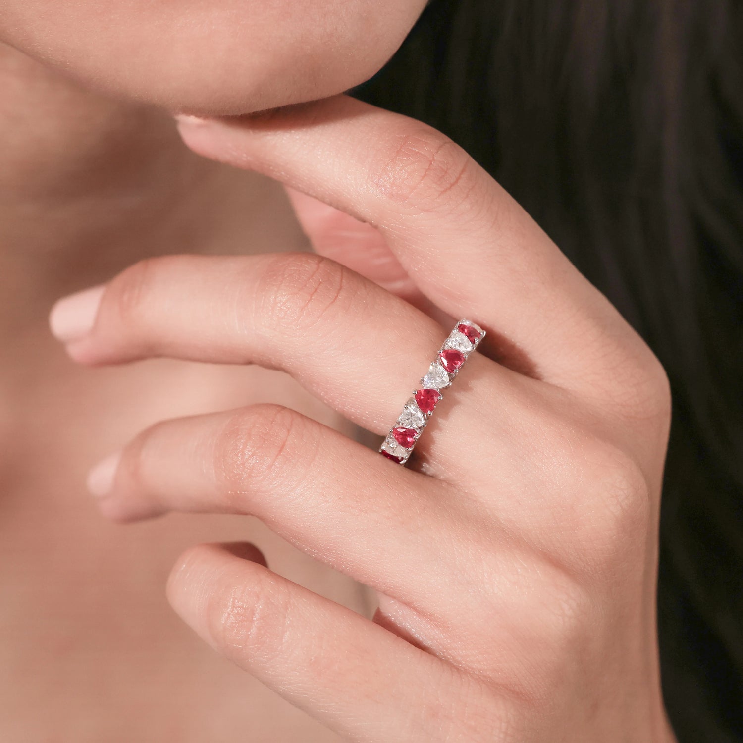 Heart Lab Diamond and Ruby Eternity Ring