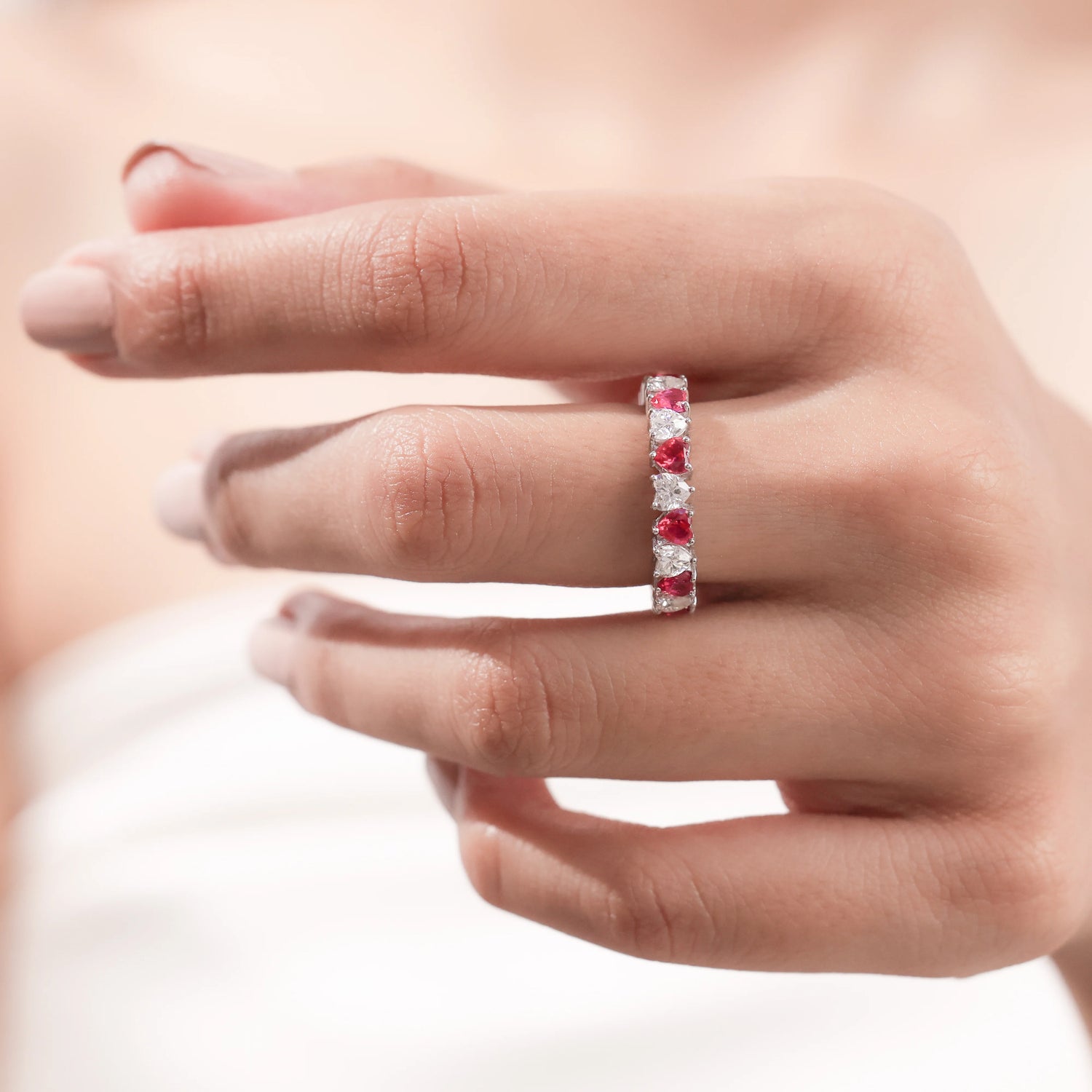 Heart Lab Diamond and Natural Ruby Eternity Ring