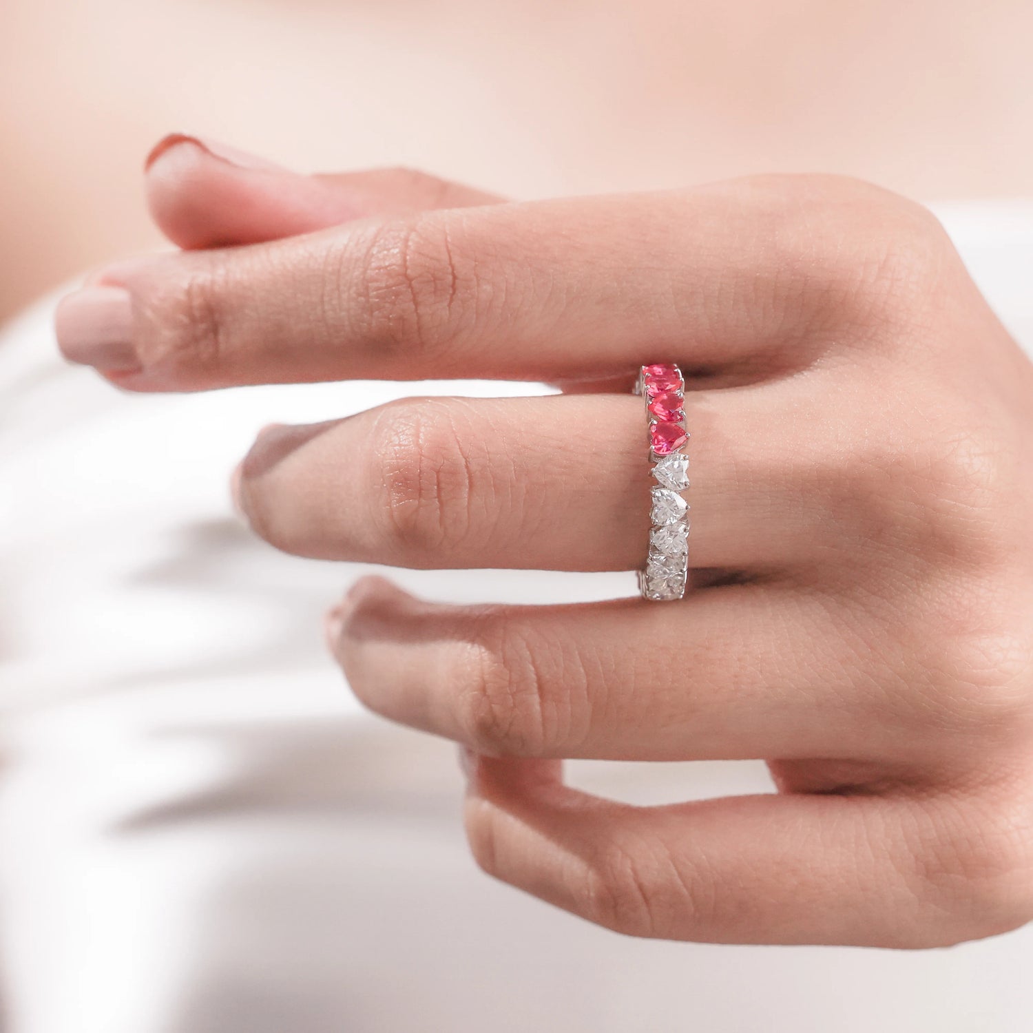 Heart Natural Ruby and Lab Diamond Eternity Ring