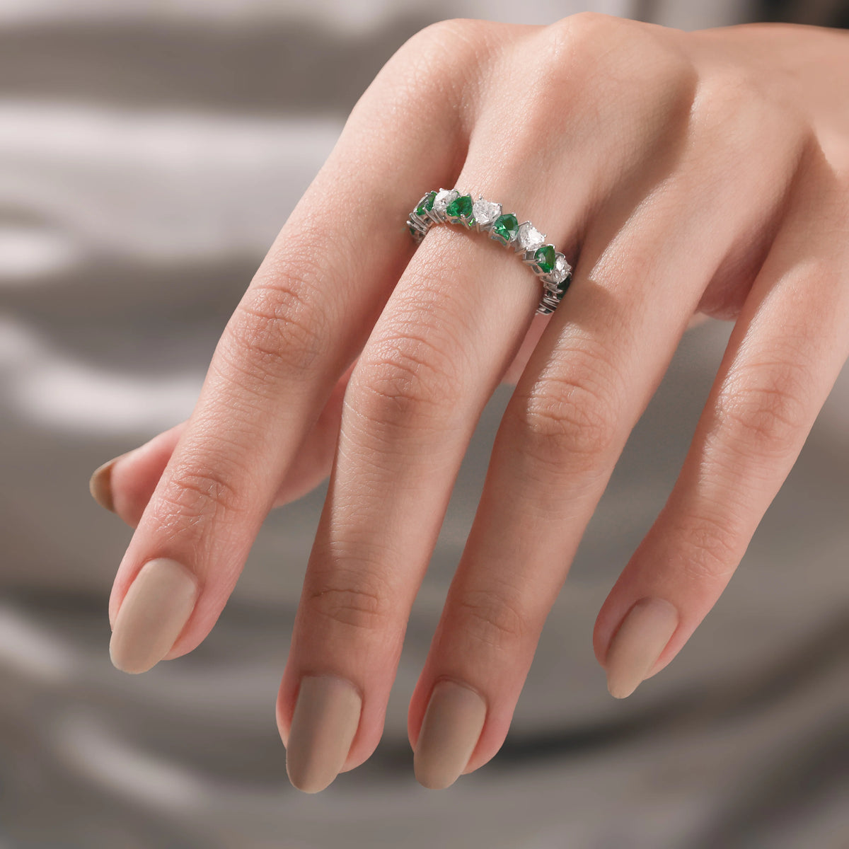 Heart Cut 14k Gold Emerald Gemstone Eternity Ring