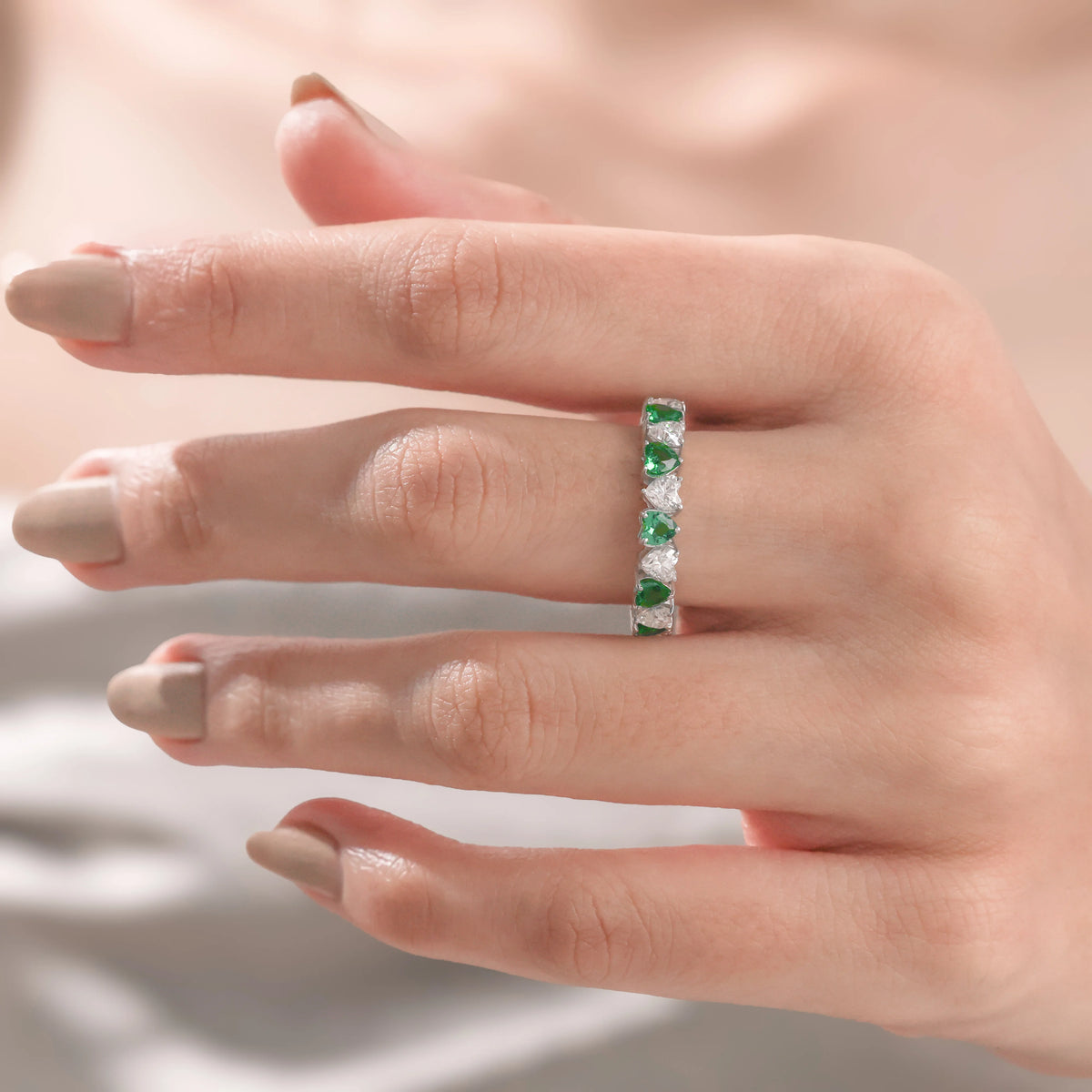 Heart Diamond Emerald Gemstone Full Eternity Ring