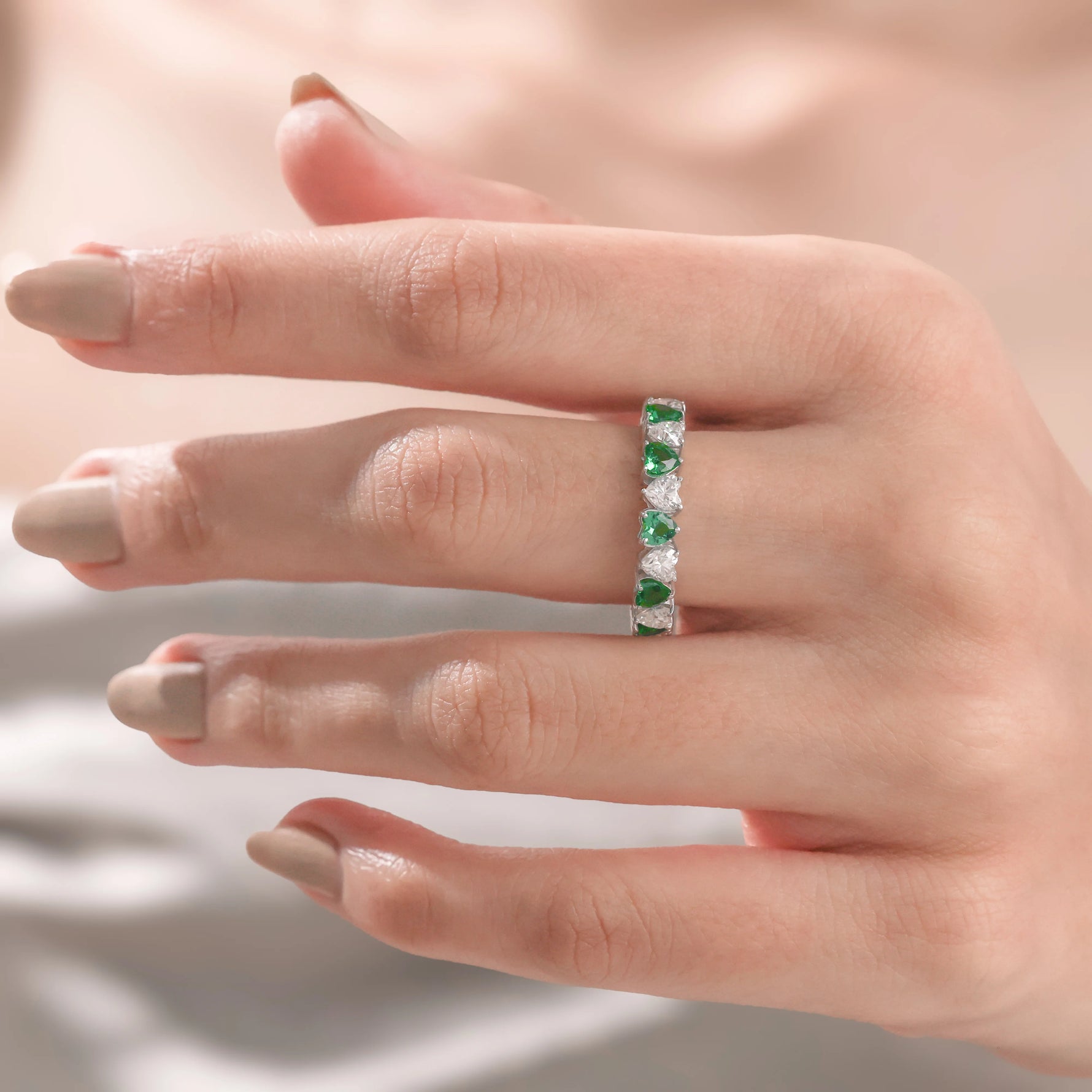 Heart Diamond Emerald Gemstone Full Eternity Ring
