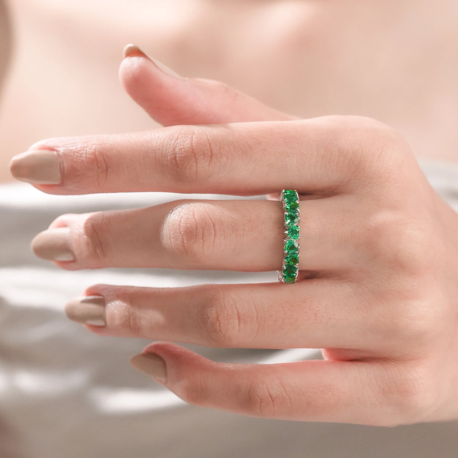 Heart Cut Emerald Gemstone Full Eternity Ring