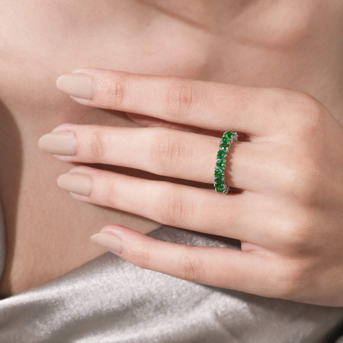 Heart Cut Emerald Gemstone Eternity Rings