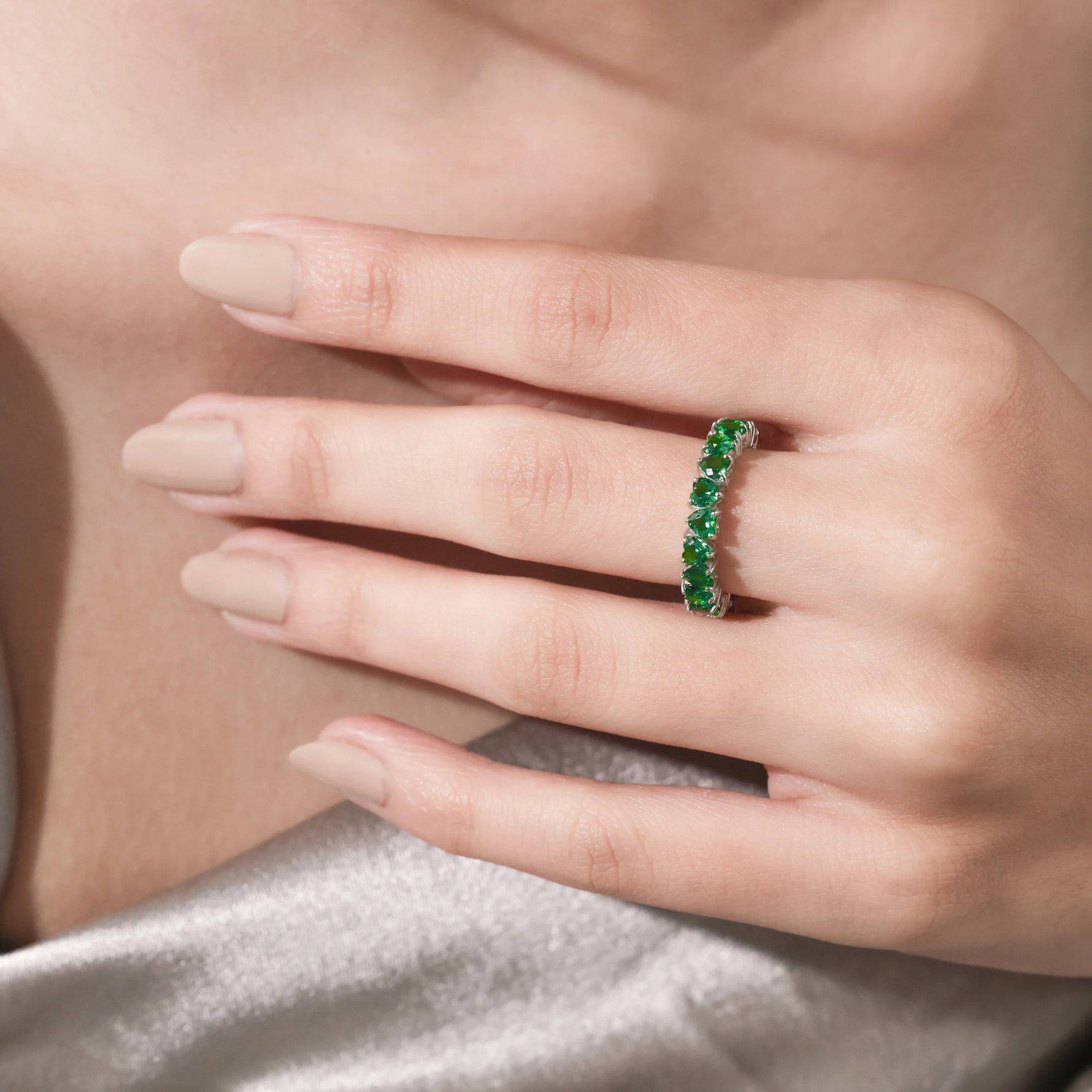Heart Cut Emerald Gemstone Eternity Rings