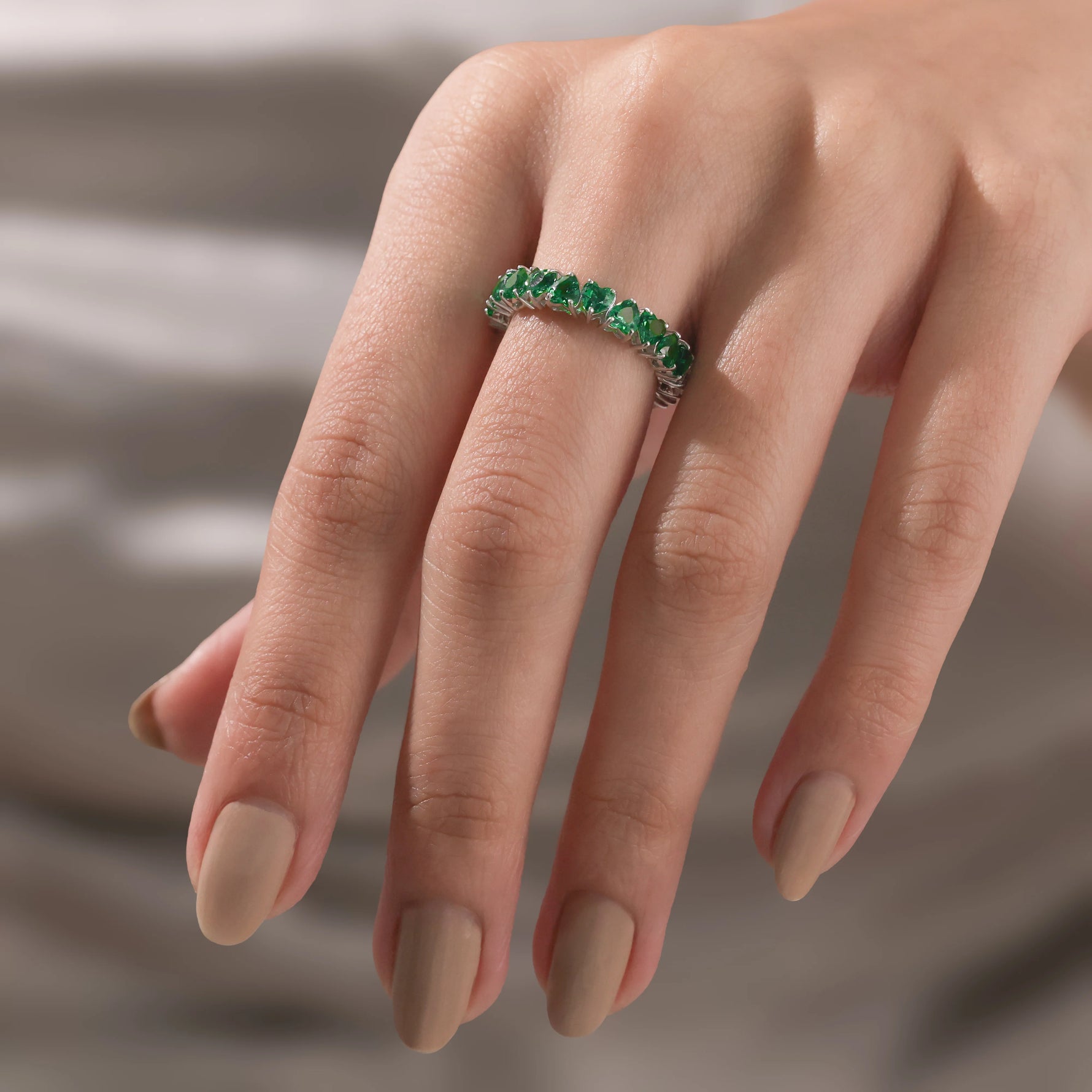 Heart Cut Emerald  Gemstone Eternity Ring