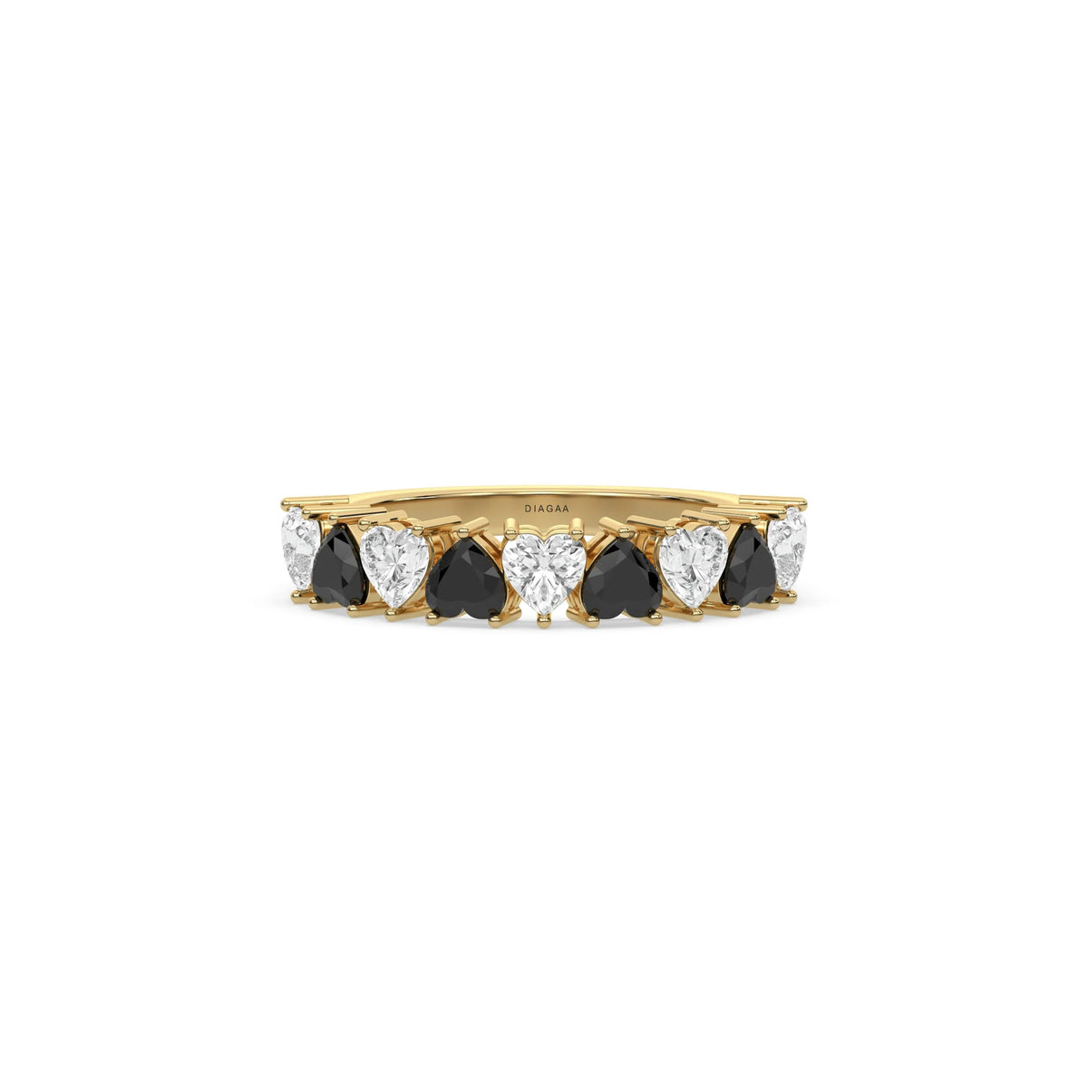 18K Yellow Gold Heart Black and White Diamond Eternity Ring
