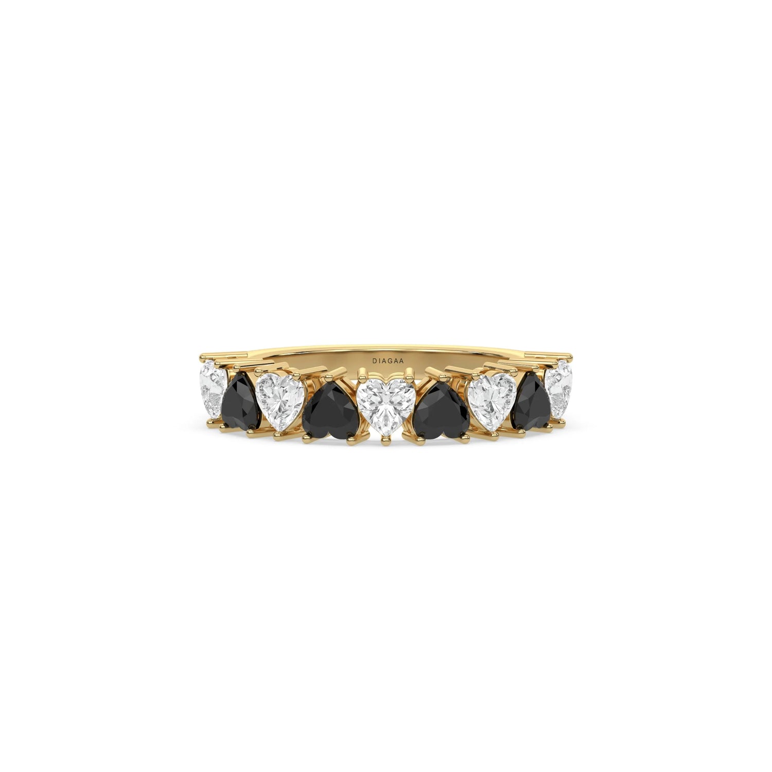 18K Yellow Gold Heart Black and White Diamond Eternity Ring
