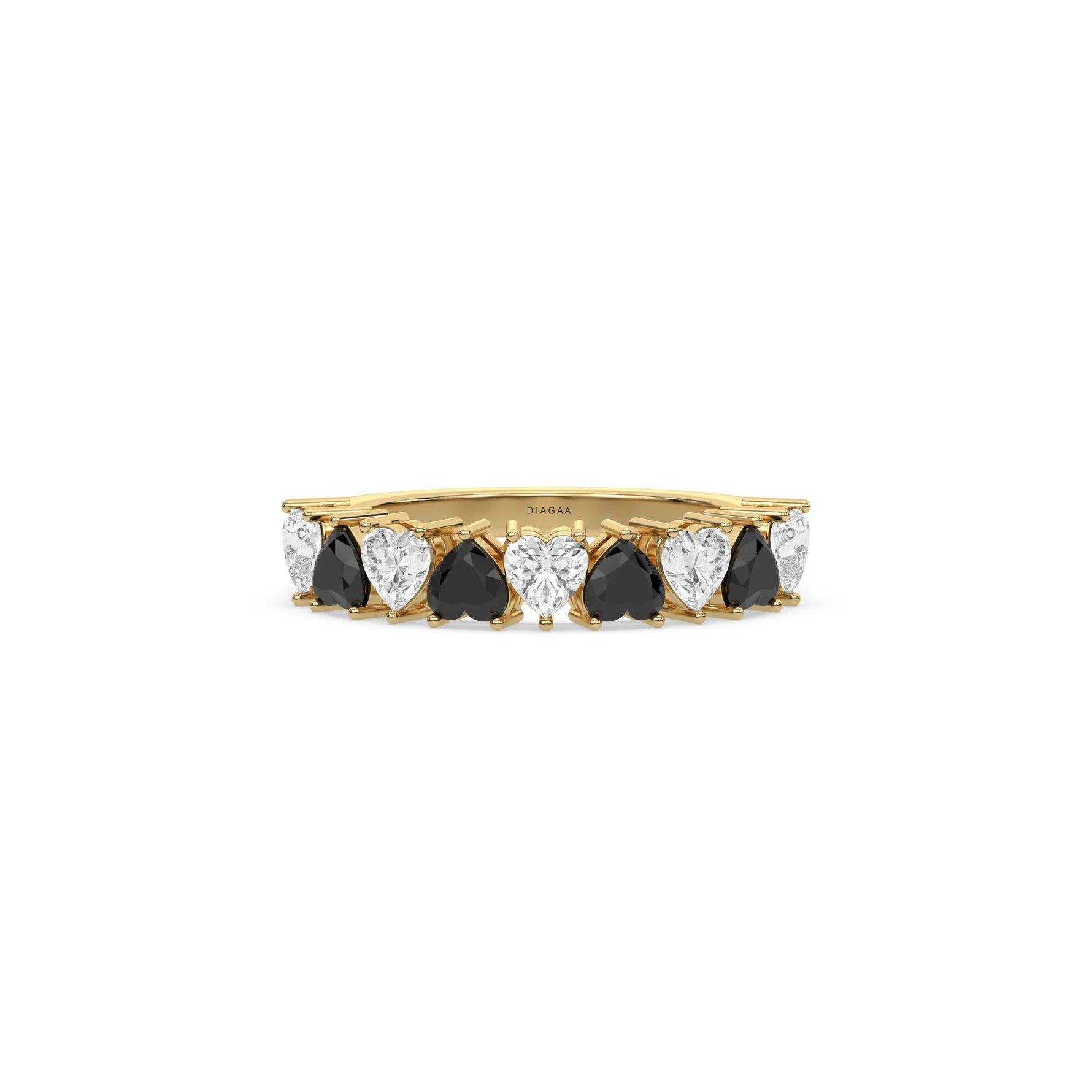 18K Yellow Gold Heart Black and White Diamond Eternity Ring