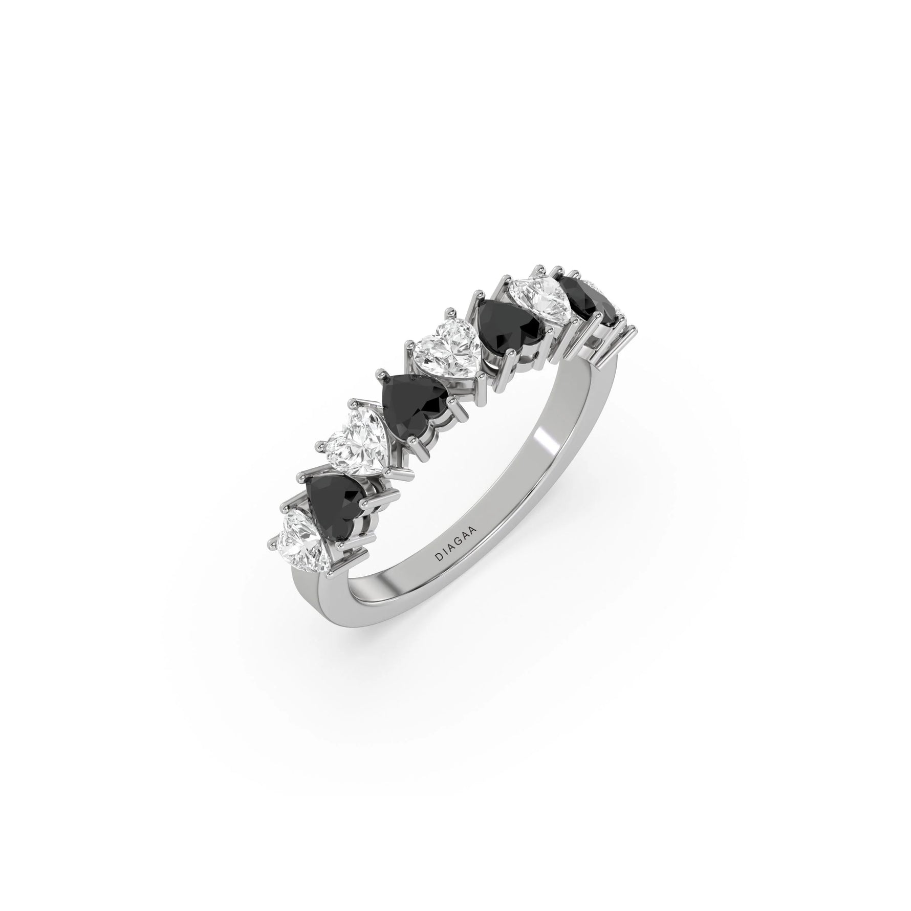 14K White Gold Heart Black and White Diamond Eternity Ring