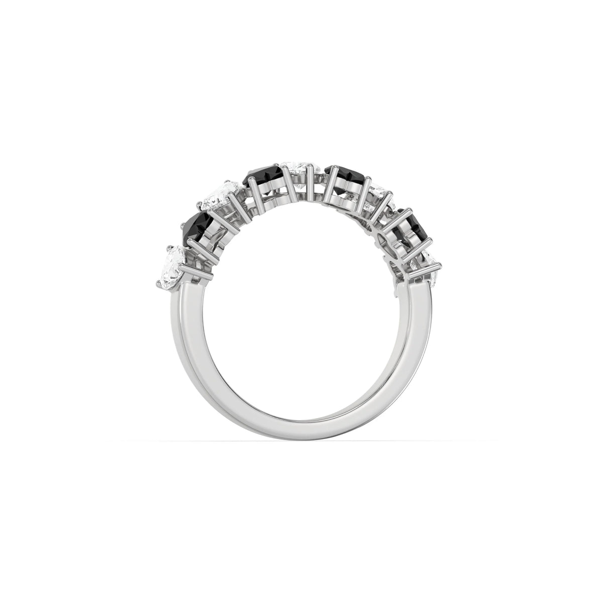 14K White Gold Heart Black and White Diamond Eternity Ring