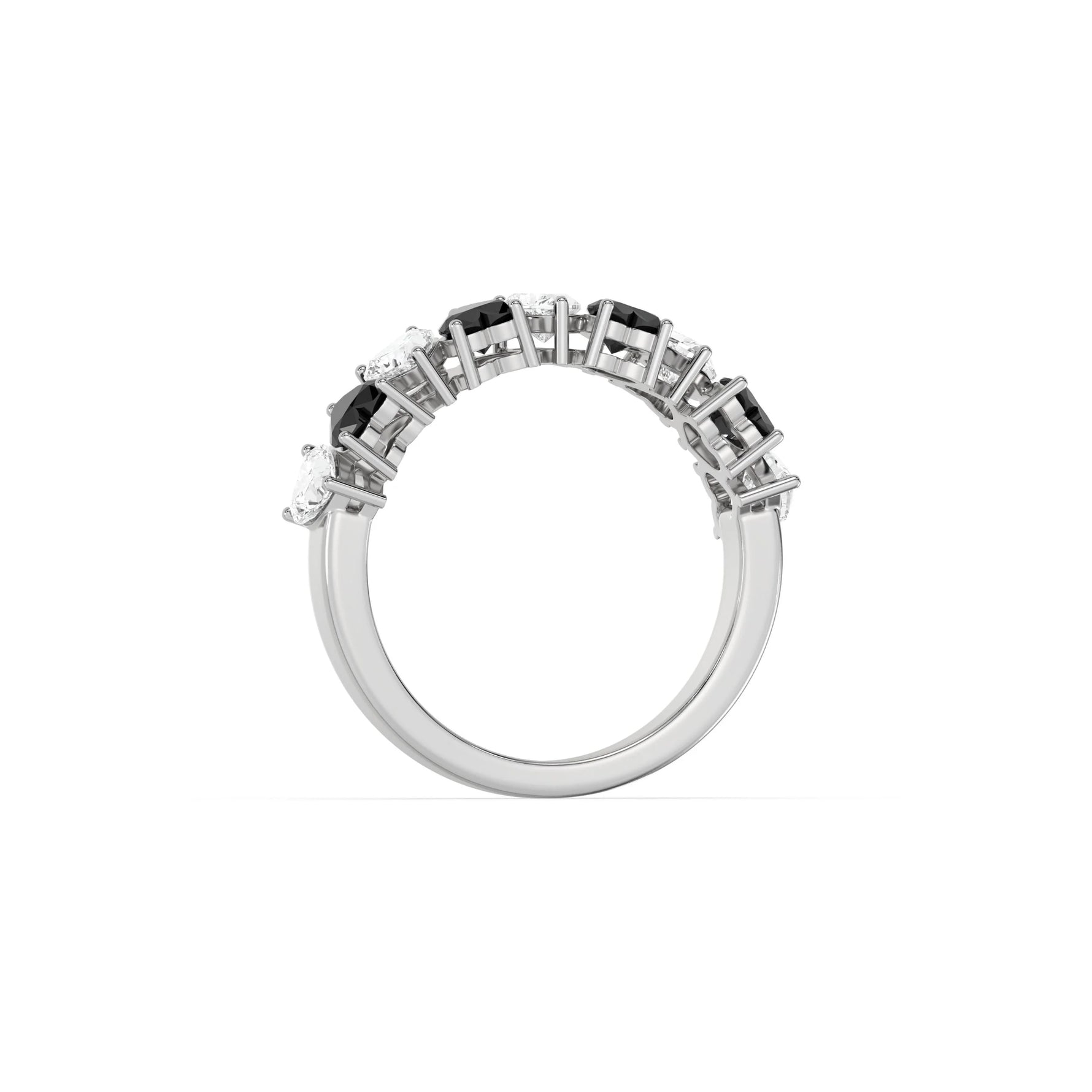 14K White Gold Heart Black and White Diamond Eternity Ring