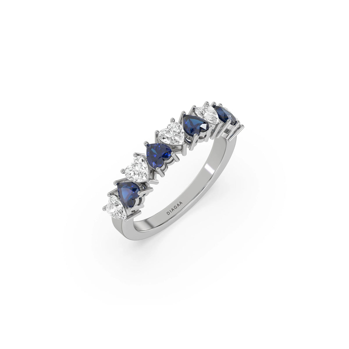 14K White Gold Heart Sapphire Gemstone and Diamond Eternity Ring