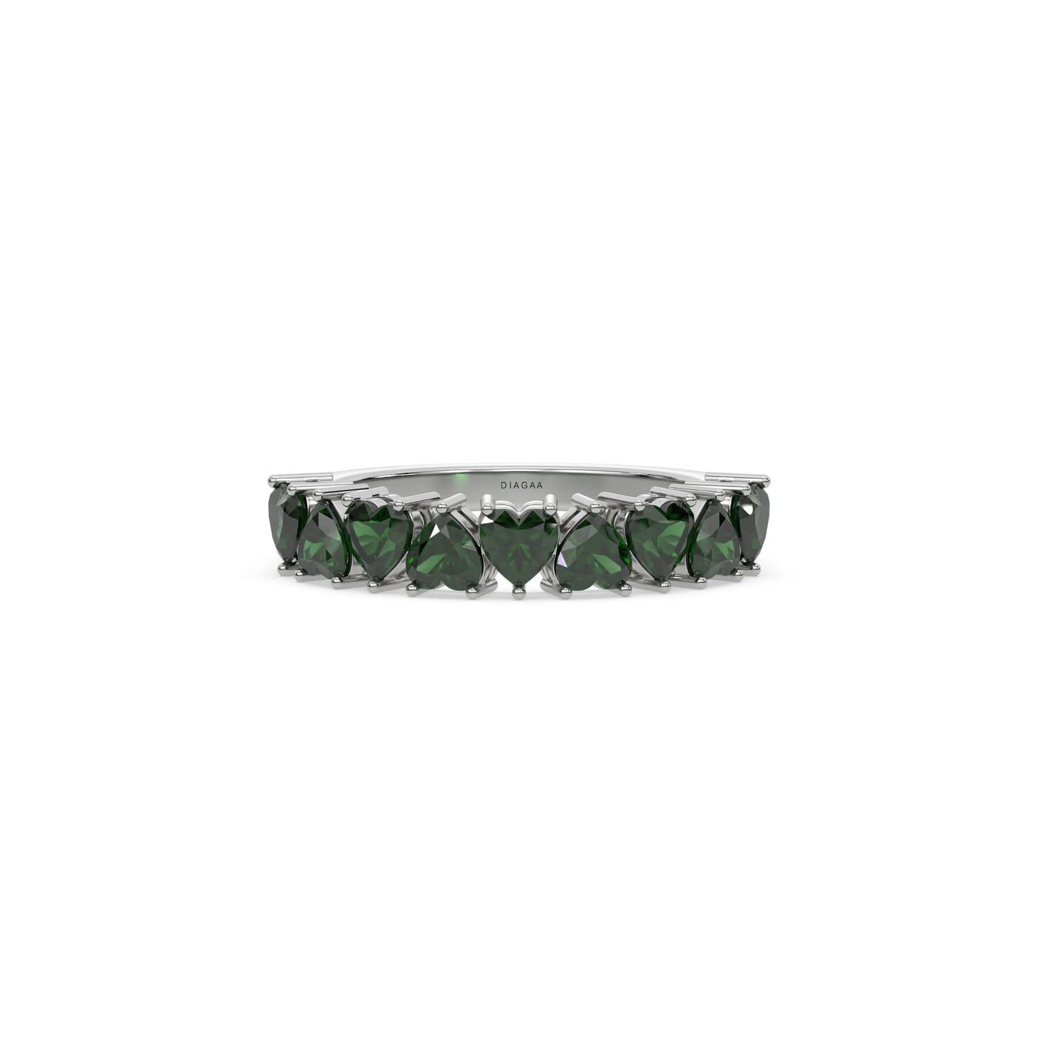 18K White Gold Heart Emerald Gemstone Eternity Ring