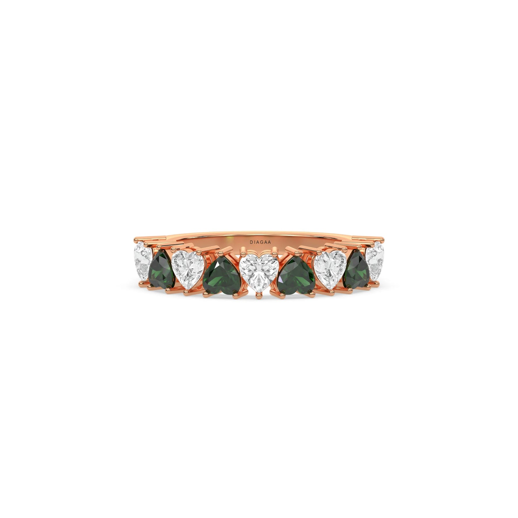 18K Rose Gold Heart Emerald Gemstone and Diamond Eternity Ring