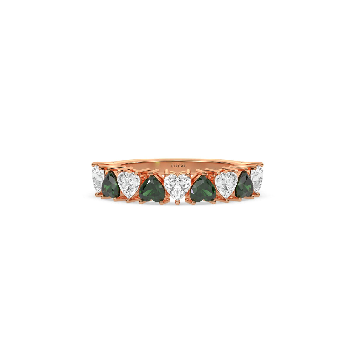 18K Rose Gold Heart Cut Emerald Gemstone Half Eternity Ring 