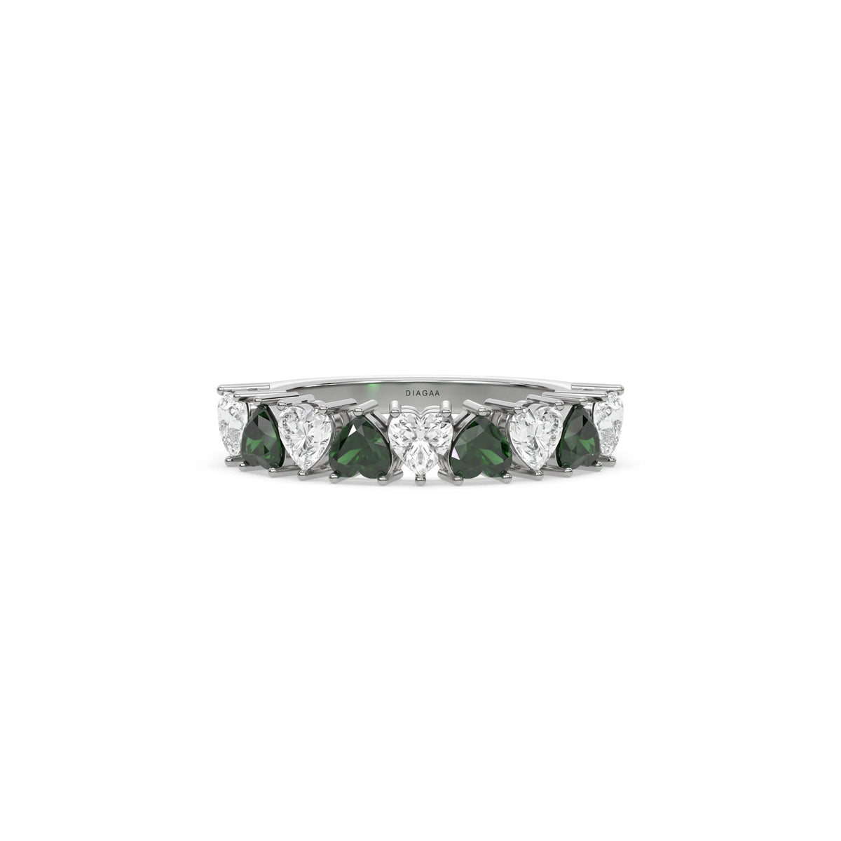 18K White Gold Heart Emerald Gemstone and Diamond Eternity Ring