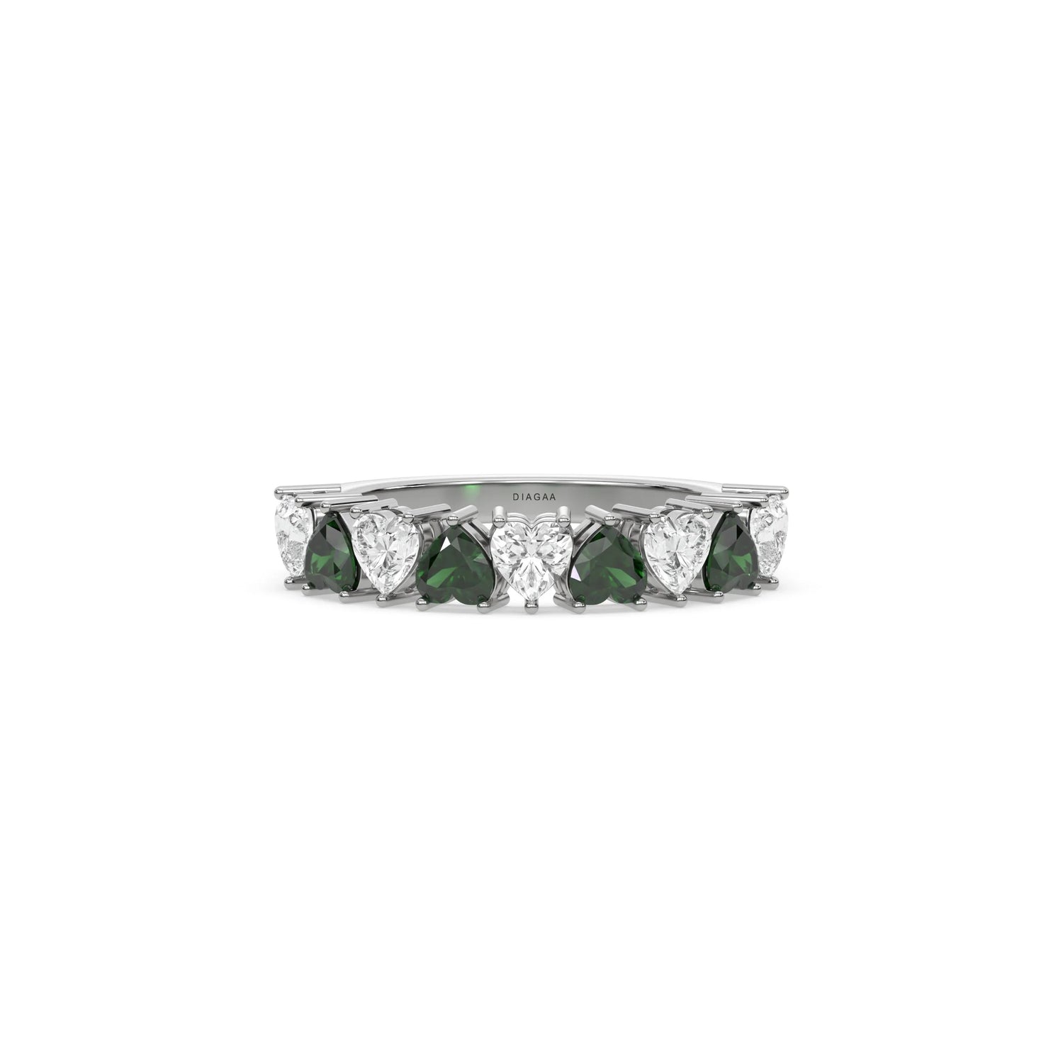18K White Gold Heart Cut Emerald Gemstone Half Eternity Ring 