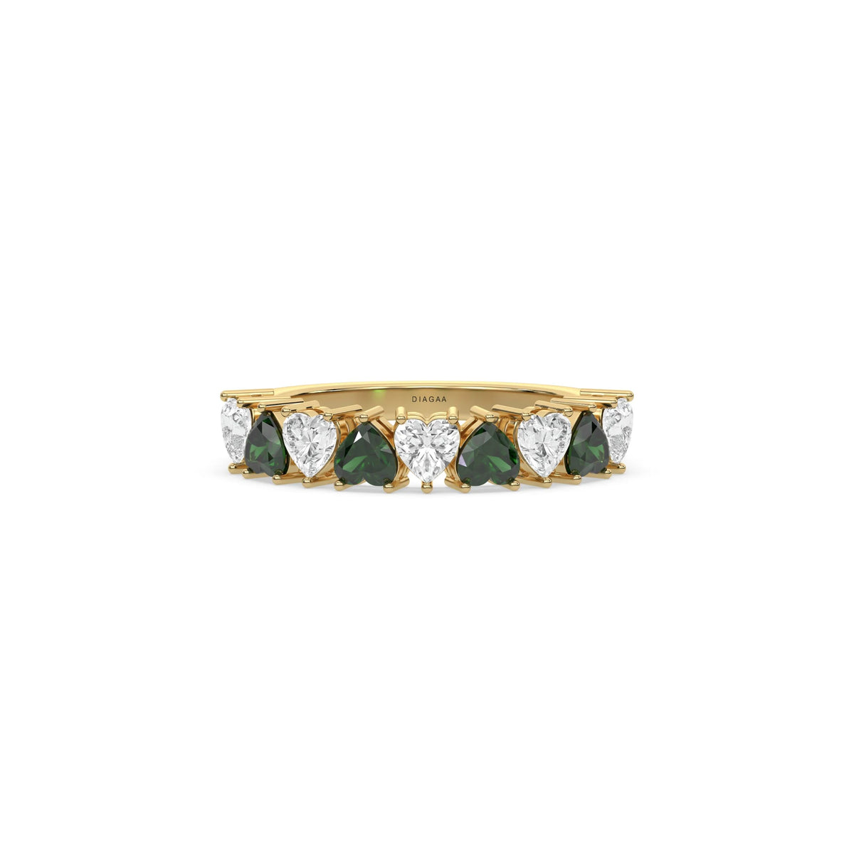 18K Yellow Gold Heart Emerald Gemstone and Diamond Eternity Ring